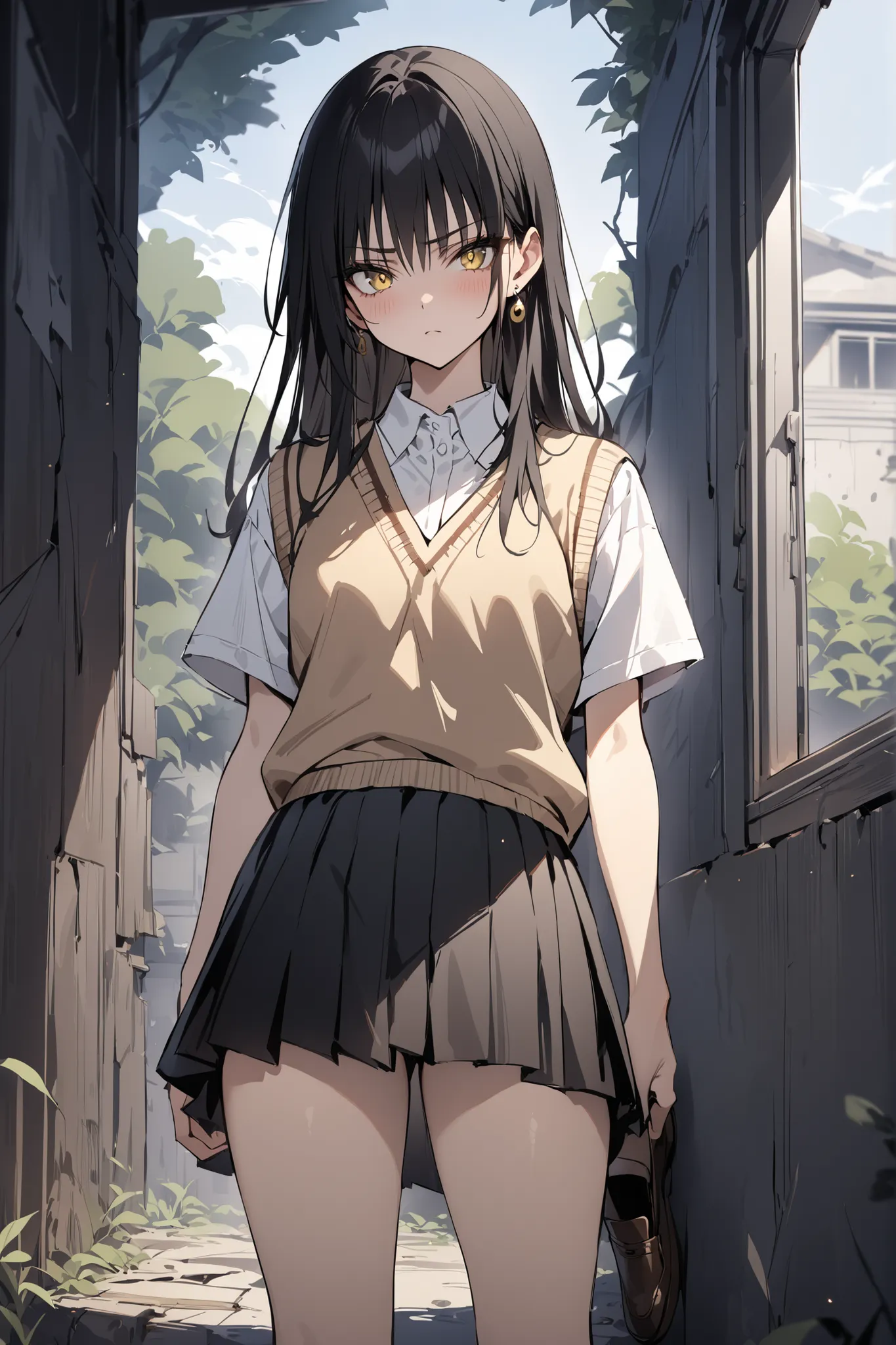 ((masterpiece,Highest Quality:1.2)),A slender high school student standing against an abandoned wall,black long hair,Perfect yellow eyes, tree eyes ,serious expression,brown knit vest,white school short sleeve blouse,(Black Pleated Skirt), wear white loose...