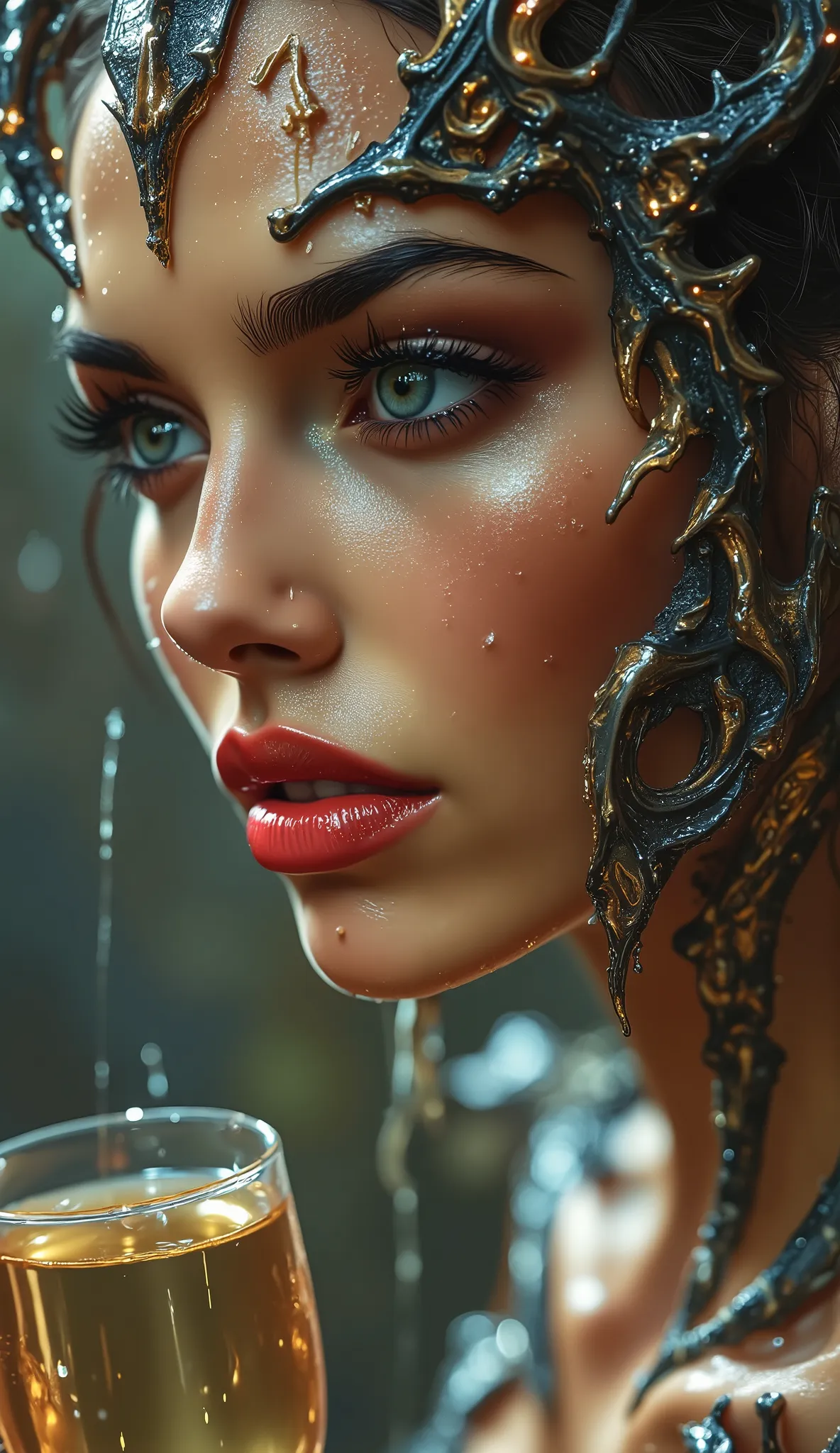 A captivating portrait of a humanoid figure with intricate dragon-like features and a metallic, shimmering exoskeleton. The character is elegantly posed, holding a glass of amber liquid, indicating a blend of sophistication and otherworldliness. Soft, ethe...