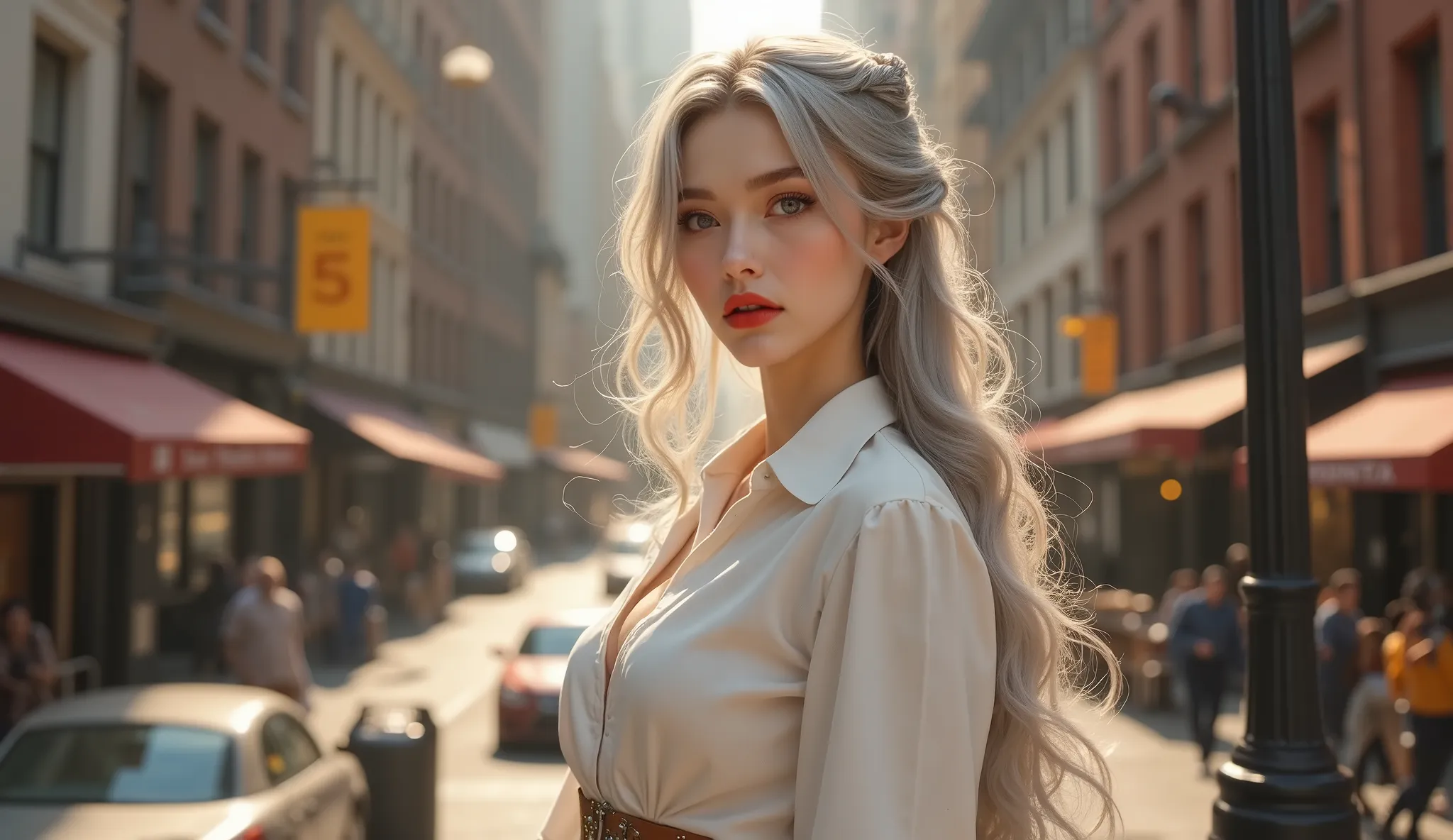 ((A woman standing on a street corner in NYC))、(masterpiece、Highest Quality、steampunk art、sunlight、(Overlooking the area)、Super Detail、written with thigh composition、Magic Rim、Gray Hair、The Real Queen、 red lips、Super Detail、very detailed、(High Contrast:1.1...