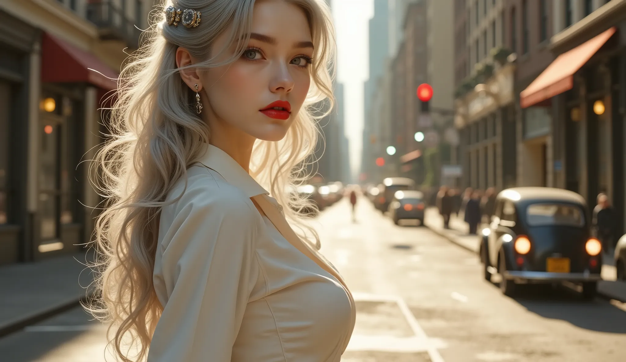 ((A woman standing on a street corner in NYC))、(masterpiece、Highest Quality、steampunk art、sunlight、(Overlooking the area)、Super Detail、written with thigh composition、Magic Rim、Gray Hair、The Real Queen、 red lips、Super Detail、very detailed、(High Contrast:1.1...