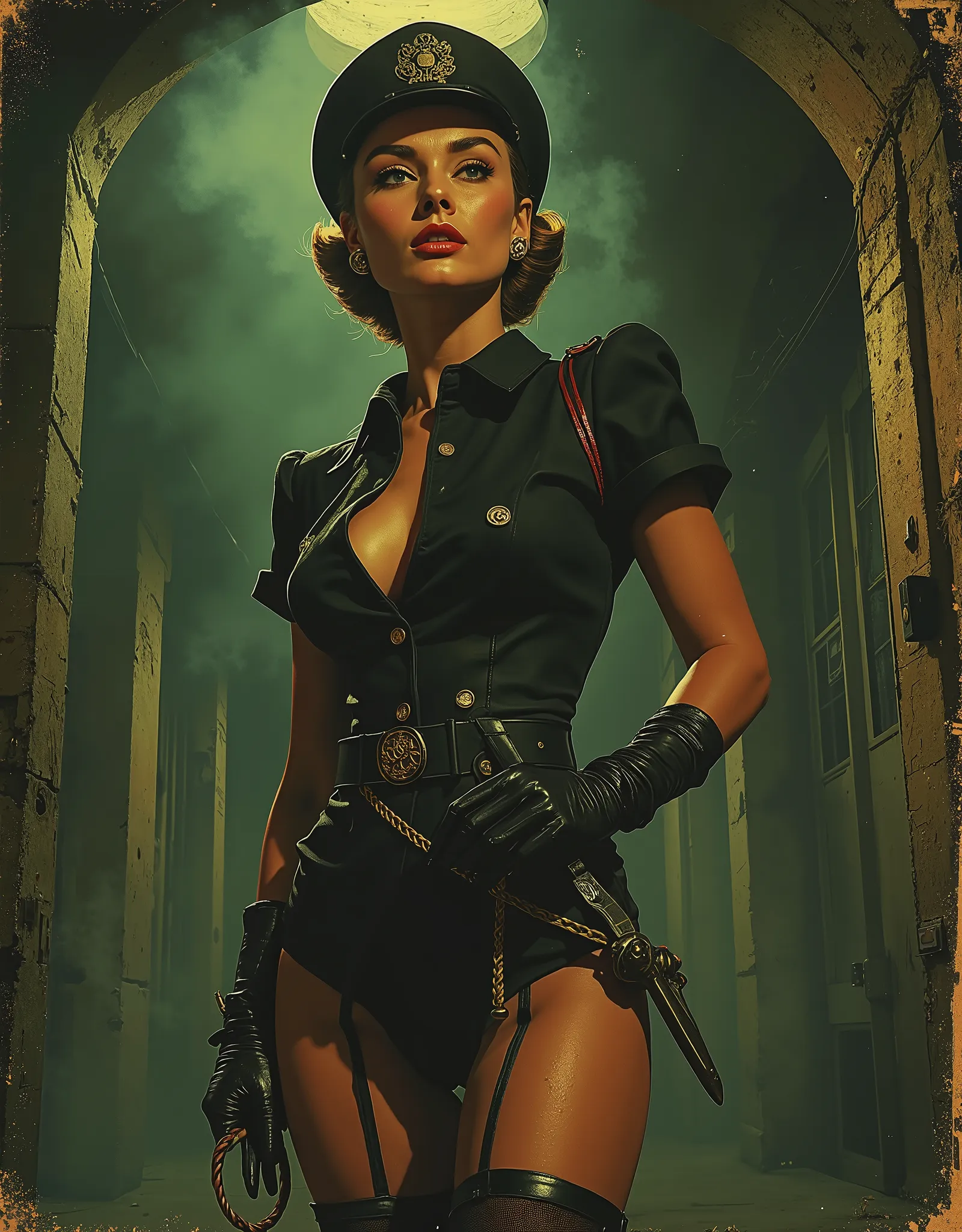 Audrey Hepburn as a sexy Gestapo warden, tight black fetish clothing, Gestapo symbols, tight black leather gloves, black nylons, a whip and switchblade knife, in a hazy dank dungeon area, detailed, Jim Steranko, Mort Kunstler, Frazetta, EC Comics aesthetic...