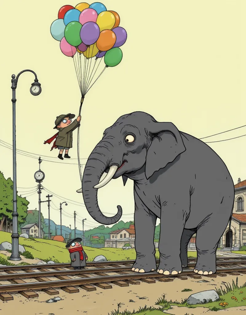 Bratya_Piloti style.A dynamic animated scene in which two figures of cartoon short men with big noses are pulling a huge unusual striped elephant by the tail, floating in the air on a bunch of colorful balloons. Both are short, cartoonishly short, dressed in dark short clothes similar to the clothes of detectives.The characters' facial features are simple, stylized, with large round expressive eyes. The figure of a ridiculous huge cartoon elephant helplessly reaches for the shorties.A bunch of colorful balloons lifts the elephant up. A crimson long scarf is wrapped around the neck of one of the short men, which flutters in the wind. A street lamp with a large clock face is visible in the background. The scenery resembles a landscape from an old cartoon with a light brownish-gray earth and a pale yellowish-green sky and pale grass. The trees in the background are drawn schematically. Rails cross the landscape, adding an element of time or mechanics. The work uses a crude pictorial style in the style of Soviet ren's cartoons of the 80s. The characters resemble the characters of the cartoon "The Kolobok Brothers".