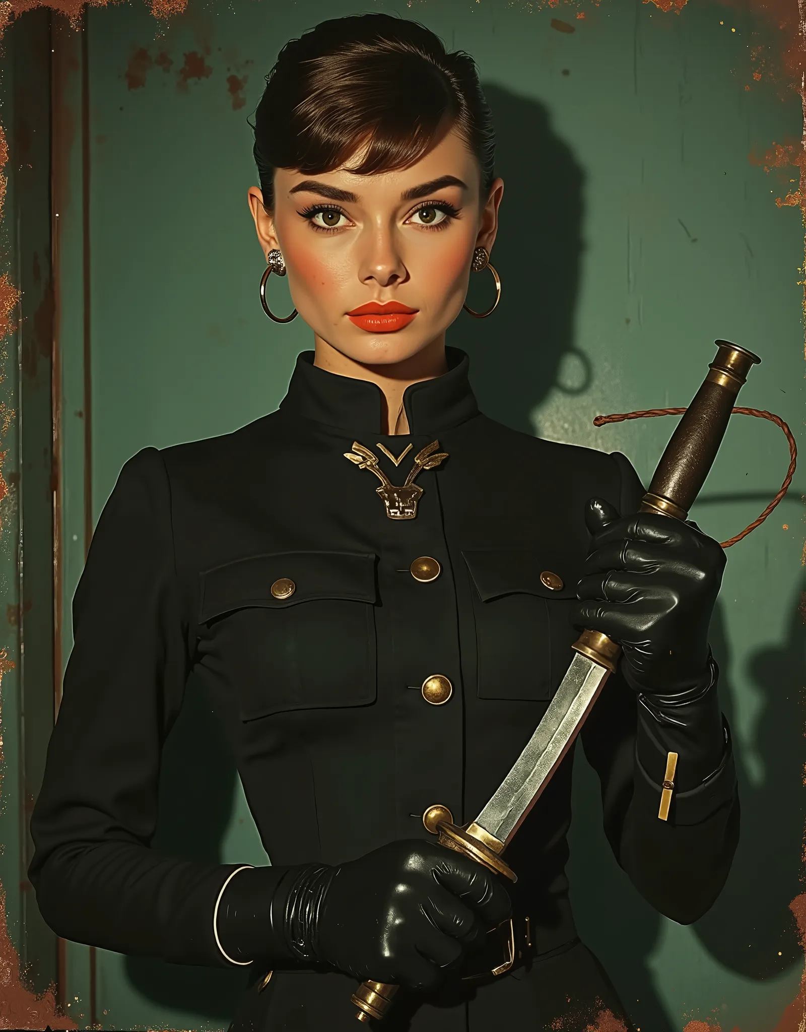 Audrey Hepburn as a sexy Gestapo warden, tight black fetish clothing, Gestapo symbols, tight black leather gloves, black nylons, a whip and dagger, in a hazy dank dungeon area, detailed, Jim Steranko, Mort Kunstler, Frazetta, EC Comics aesthetic, exploitat...