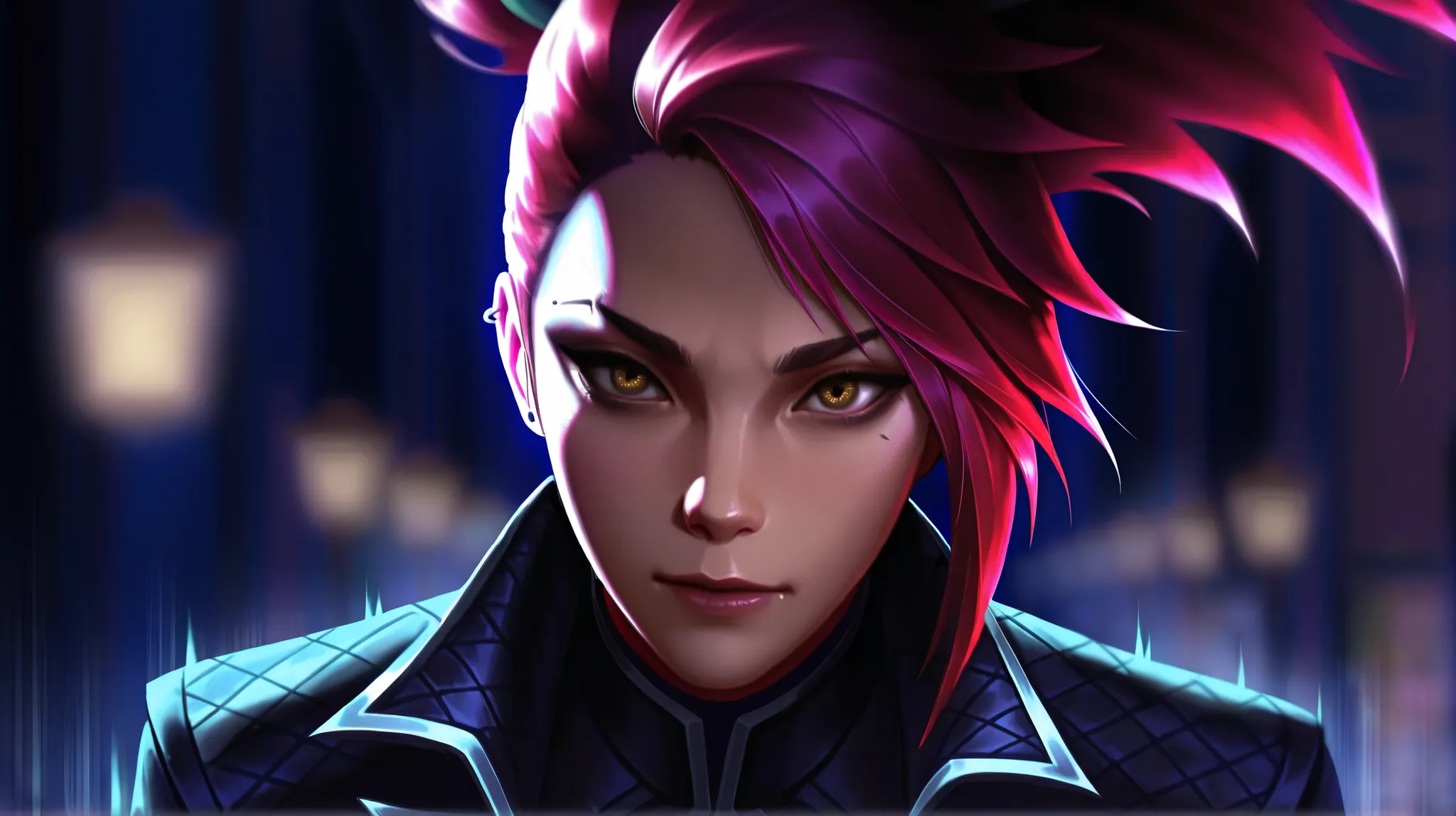 Akali from League of Legends, black uniform, red hair, walking, upper body, 8K, high quality, detailed portrait, realistic, cinematic lighting, moody atmosphere, dramatic pose, fierce expression, piercing gaze, detailed facial features, intricate uniform t...