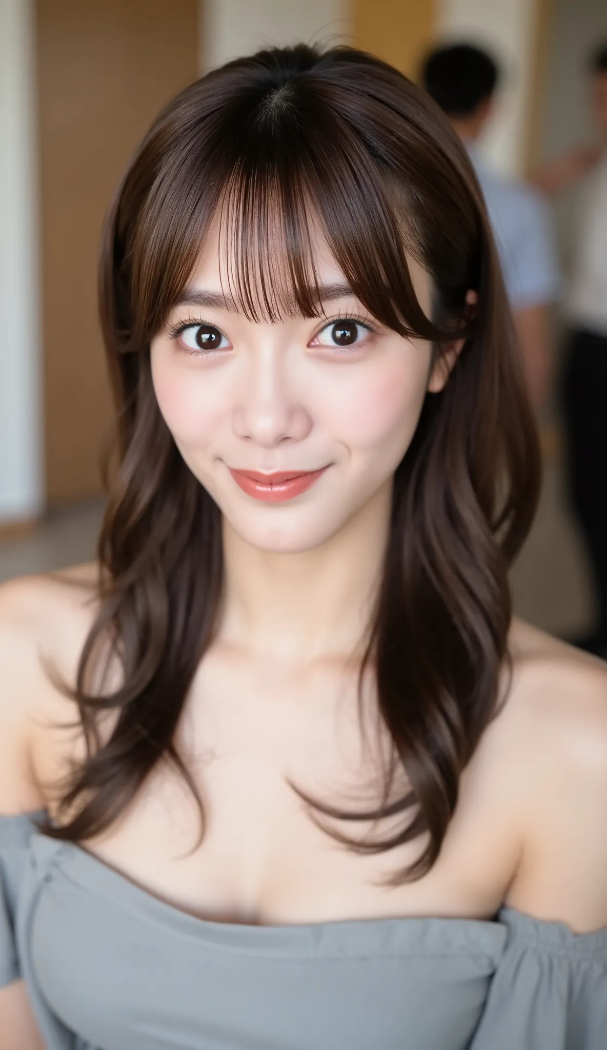 The high resolution photograph of a young Japanese female idol, solo, 1girl, wearing a off-shoulder dress, face focus, close-up of face, looking at the camera, straight long hair with blunt bangs, pale skin, detailed face, detailed eyes, seductive eyes, in...
