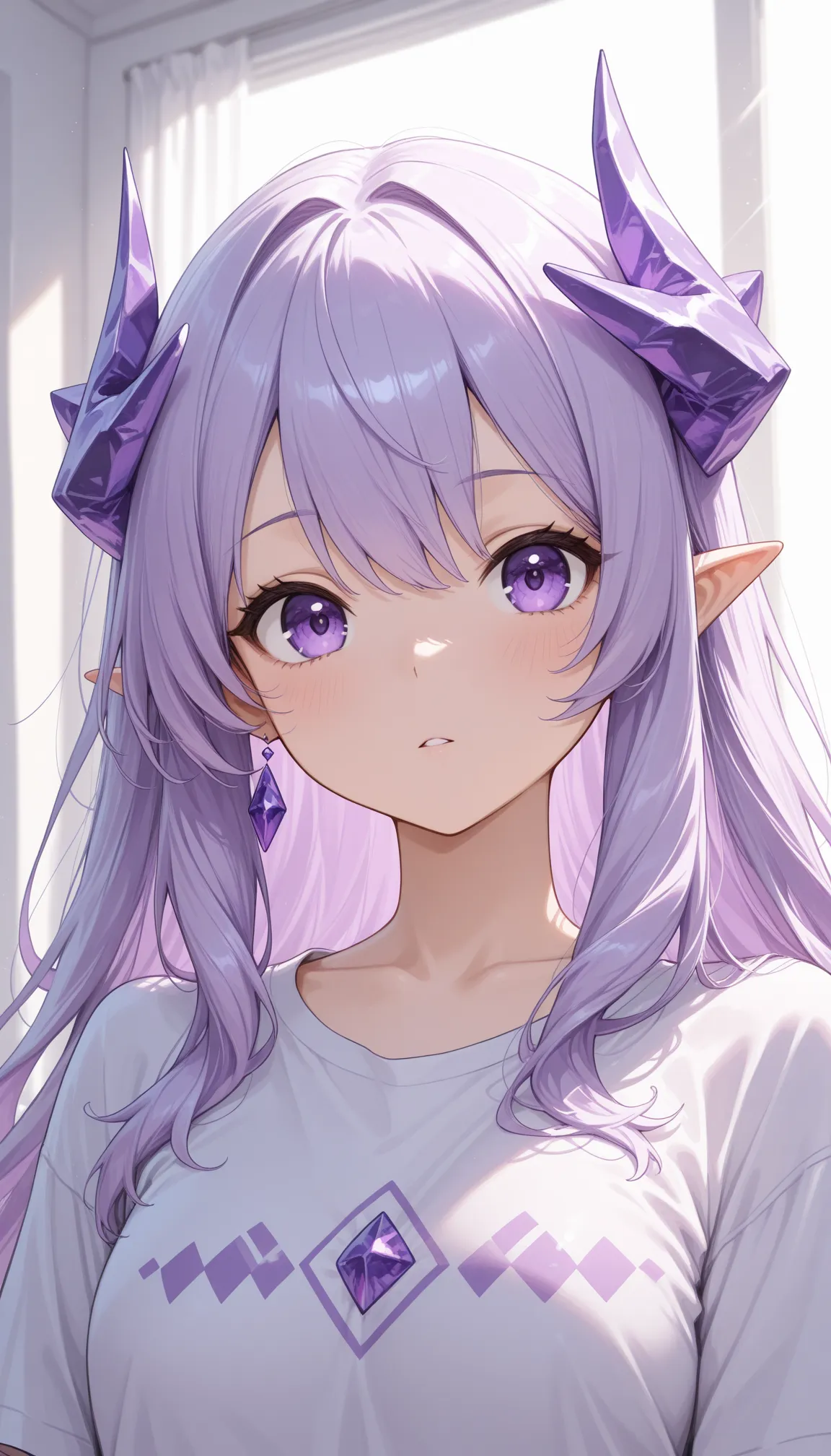 masterpiece, t-shirt, newest ,absurdres, highres,vista muy  close,detailed background, a girl, close,Floating,(((purple crystal hair))),long hair,Sunlight,portrait,