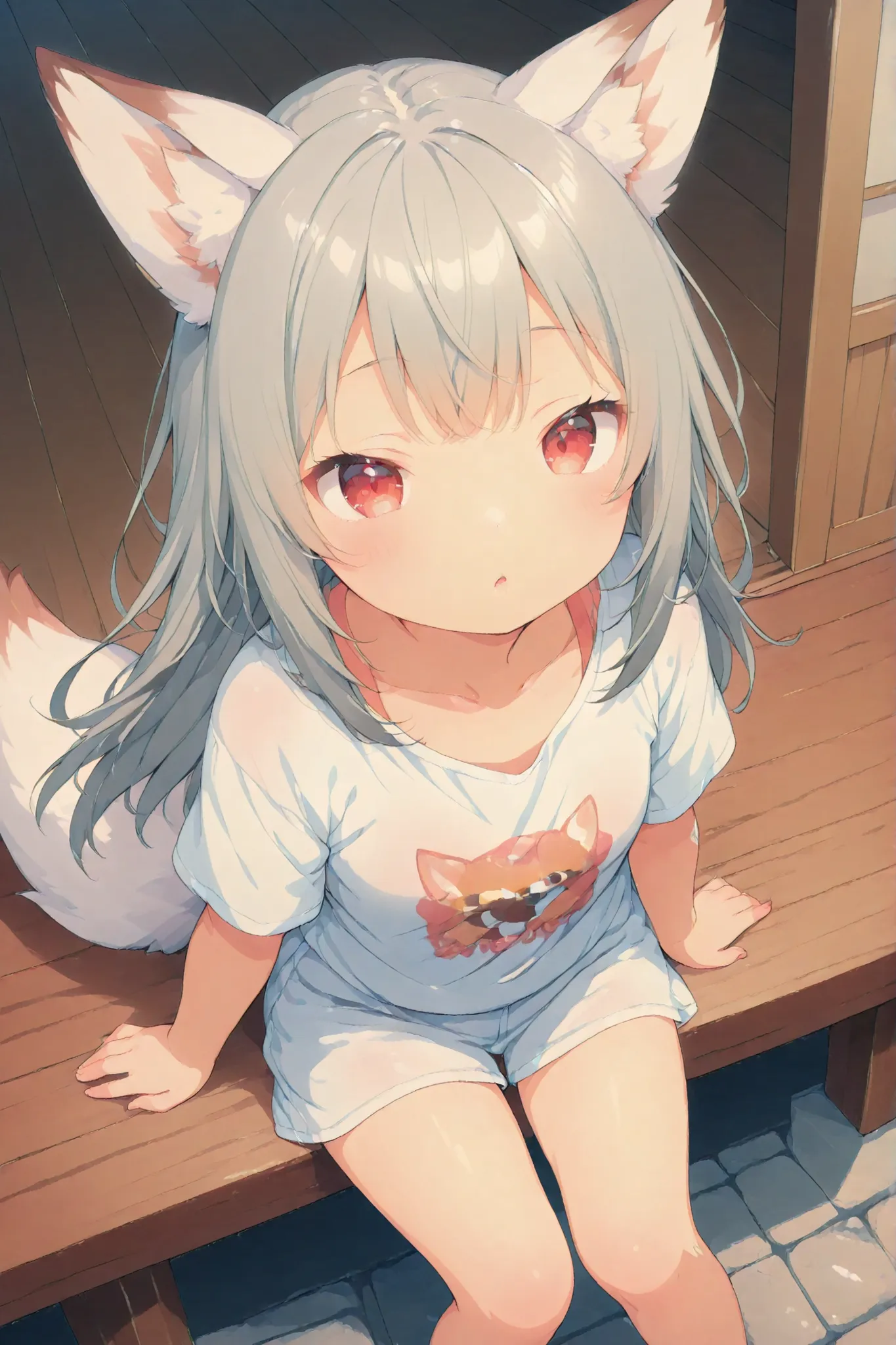 watercolor style、White fox girl 、grey hair、 smooth long hair 、fox ears、 fluffy fox tail 、Ruby Eyes、squint、cute、 droopy ears、Sit on the veranda of a private house、big shirt、dazed face、Summer Sunshine、I look up、view from above