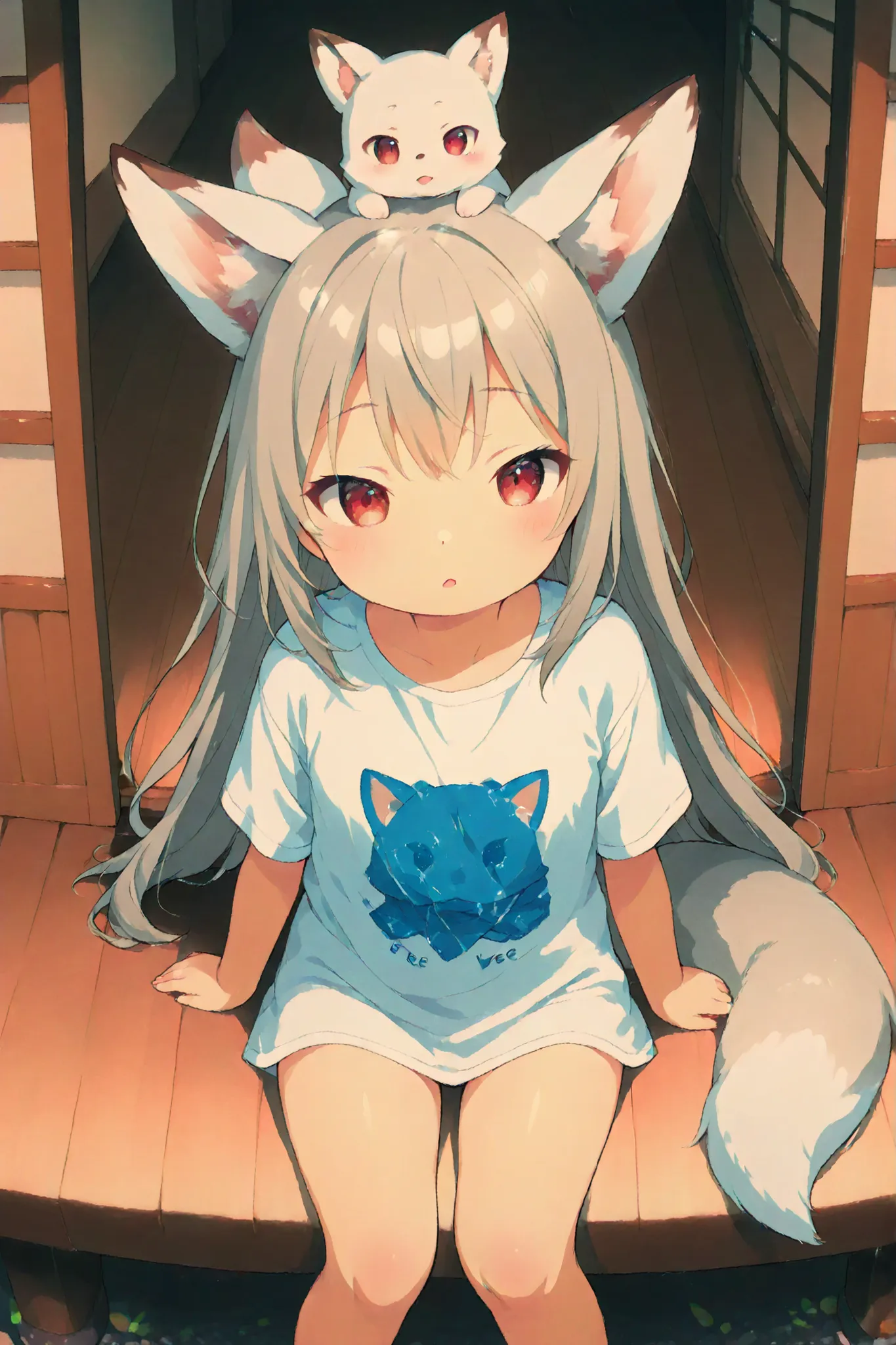 watercolor style、White fox girl 、grey hair、 smooth long hair 、fox ears、 fluffy fox tail 、Ruby Eyes、squint、cute、 droopy ears、Sit on the veranda of a private house、big shirt、dazed face、Summer Sunshine、I look up、view from above、A white baby fox is riding o...