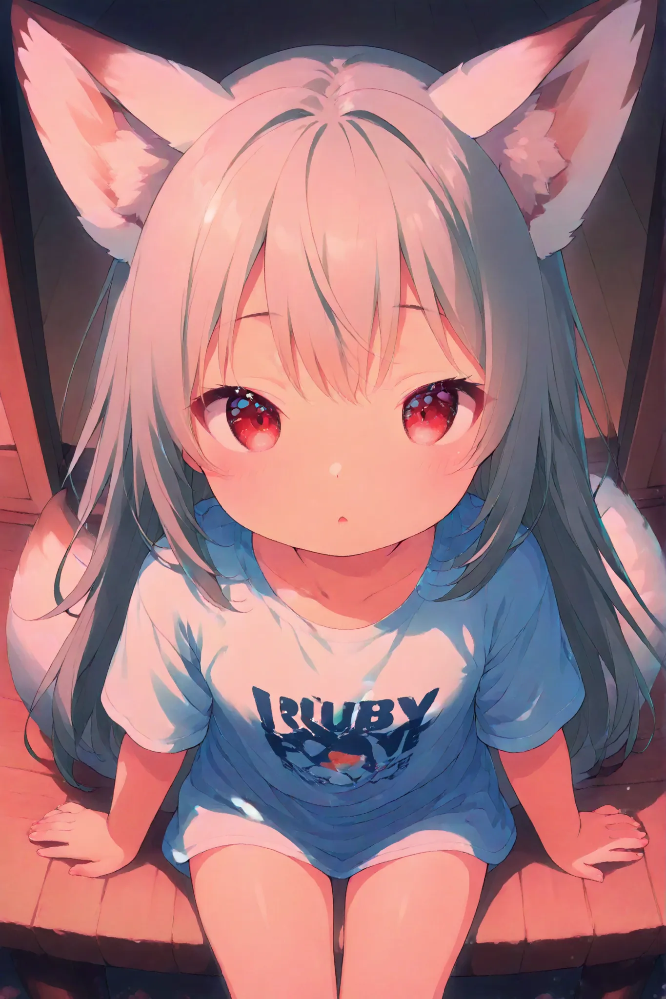 watercolor style、White fox girl 、grey hair、 smooth long hair 、fox ears、 fluffy fox tail 、Ruby Eyes、squint、cute、 droopy ears、Sit on the veranda of a private house、big shirt、dazed face、Summer Sunshine、I look up、view from above、A white baby fox is riding o...