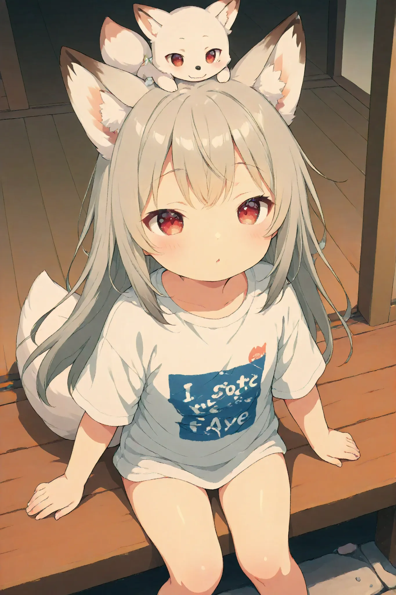 watercolor style、White fox girl 、grey hair、 smooth long hair 、fox ears、 fluffy fox tail 、Ruby Eyes、squint、cute、 droopy ears、Sit on the veranda of a private house、big shirt、dazed face、I look up、view from above、((A white baby fox is riding on the head))