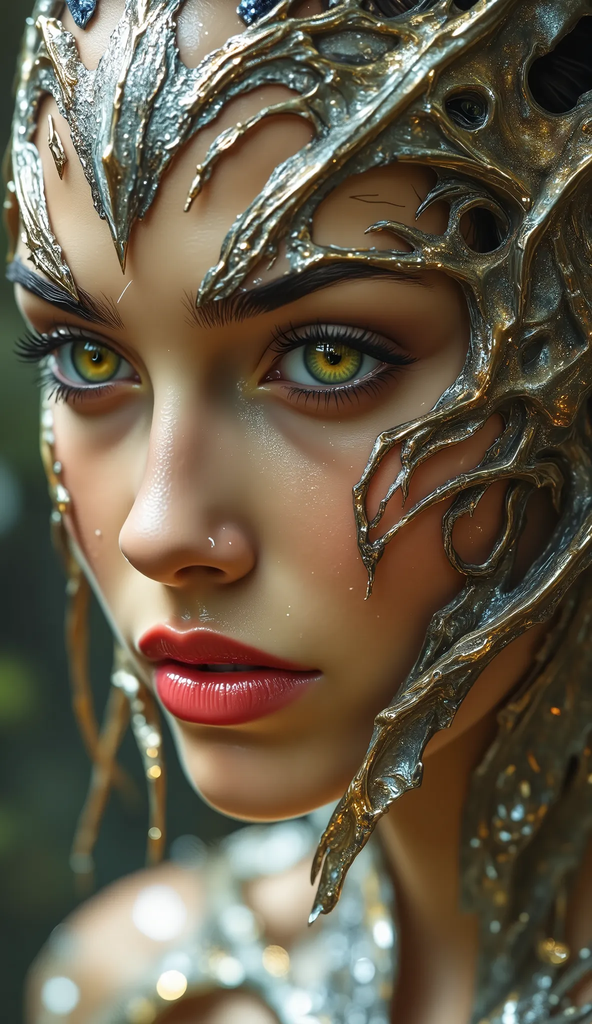 A blonde humanoid figure with yellow eyes and intricate dragon-like features and a metallic, shimmering exoskeleton. The character is elegantly posed, holding a historical glass of honey liquid, indicating a blend of sophistication and otherworldliness. So...