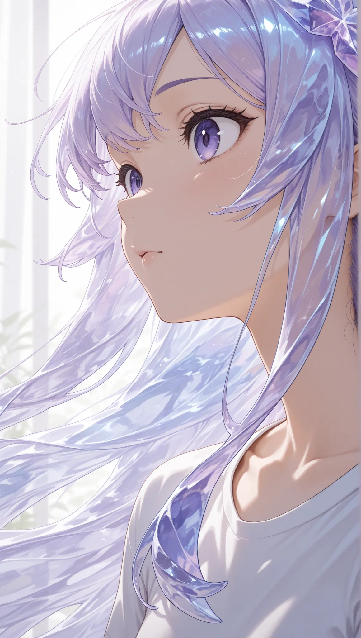 masterpiece, t-shirt, newest ,absurdres, highres,vista muy  close,detailed background, a girl, close,Floating,(((crystal hair))),long hair,Sunlight,portrait,transparent purple hair