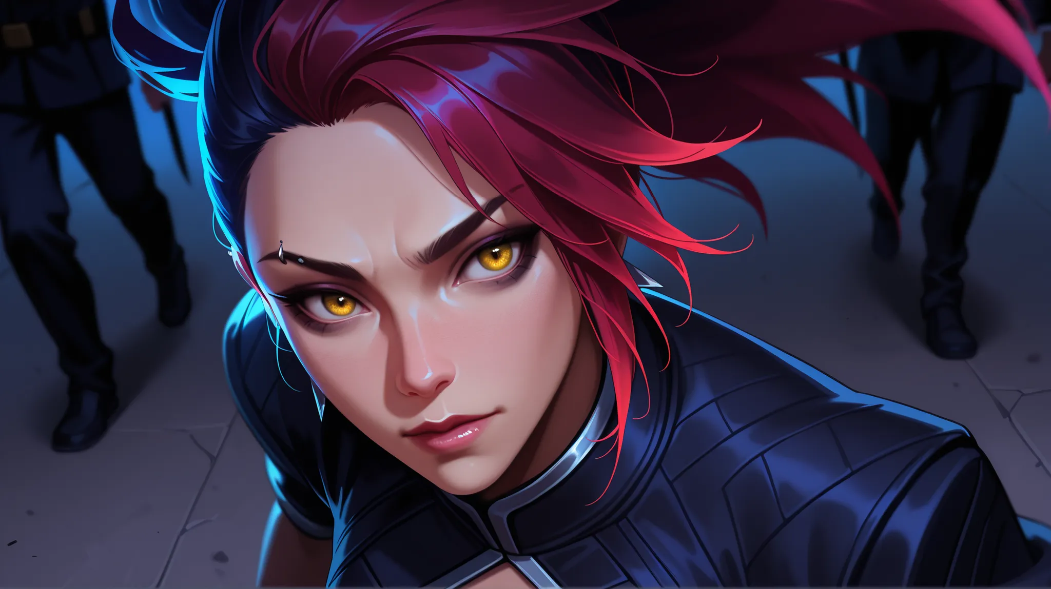 Akali from League of Legends, black uniform, red hair, walking, upper body, 8K, high quality, detailed portrait, realistic, cinematic lighting, moody atmosphere, dramatic pose, fierce expression, piercing gaze, detailed facial features, intricate uniform t...
