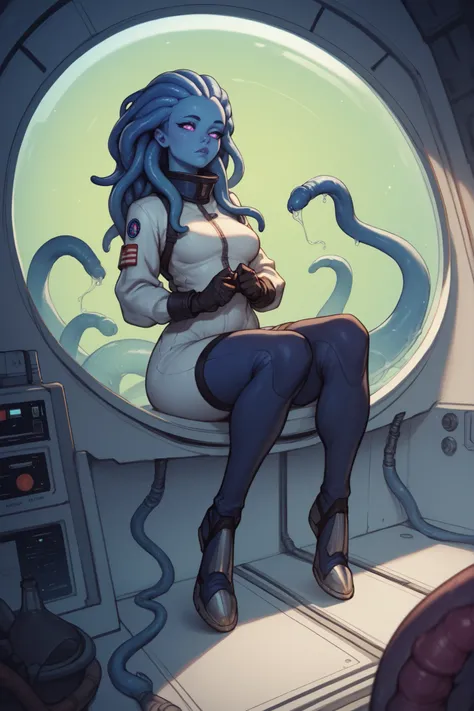 Full body alien woman with blue skin, big forehead, no ears, no eyebrows, no lashes, alien eyes, no nose, long tentacle hair, recurved legs with claws, ovipositor penis, spacesuit, gloves, spaceship laboratory background with lab equipment