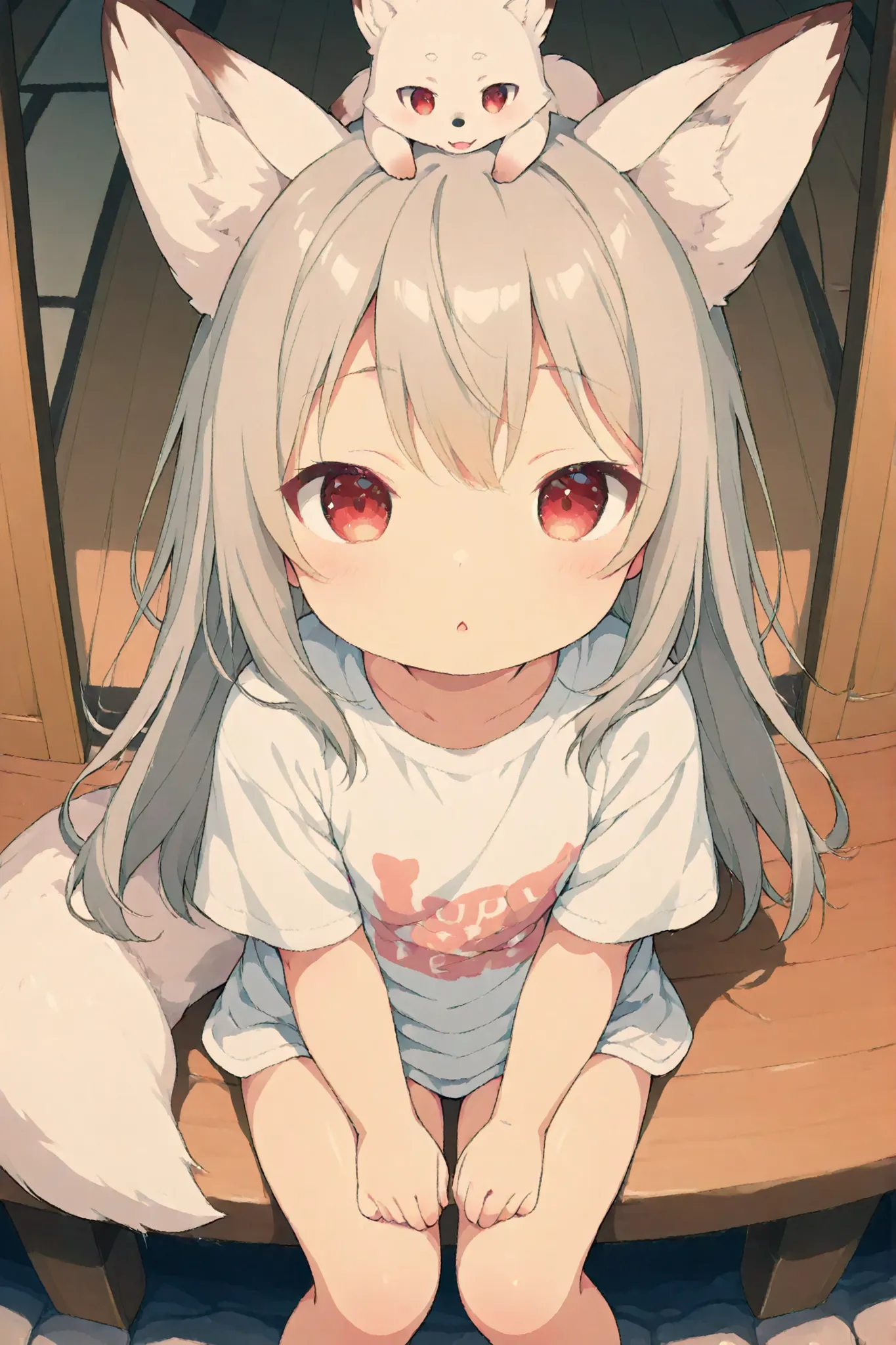 watercolor style、White fox girl 、grey hair、 smooth long hair 、fox ears、 fluffy fox tail 、Ruby Eyes、squint、cute、 droopy ears、Sit on the veranda of a private house、big shirt、dazed face、I look up、view from above、((A white baby fox is riding on the head))