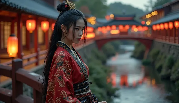 Night time. Stunningly beautiful young Japanese woman, wearing red and black samurai armour, big breasts, showing lots of skin, long black hair done in a Shimada mage style with Kanzashi in the hair, sexy brown eyes, sultry look, sexy lips, looking surly, very white skin, athletic build, she is standing on top of a traditional Japanese bridge looking at the water flowing beneath, during a warm summer evening, traditional Japanese paper lanterns highlighting the area around her, full body, traditional Japanese tattoos covering her whole body. Highly detailed, ultra-realistic, cinematic lighting, masterpiece, full body view, full body portrait, full body angle, traditional Japanese image, traditional Japanese theme