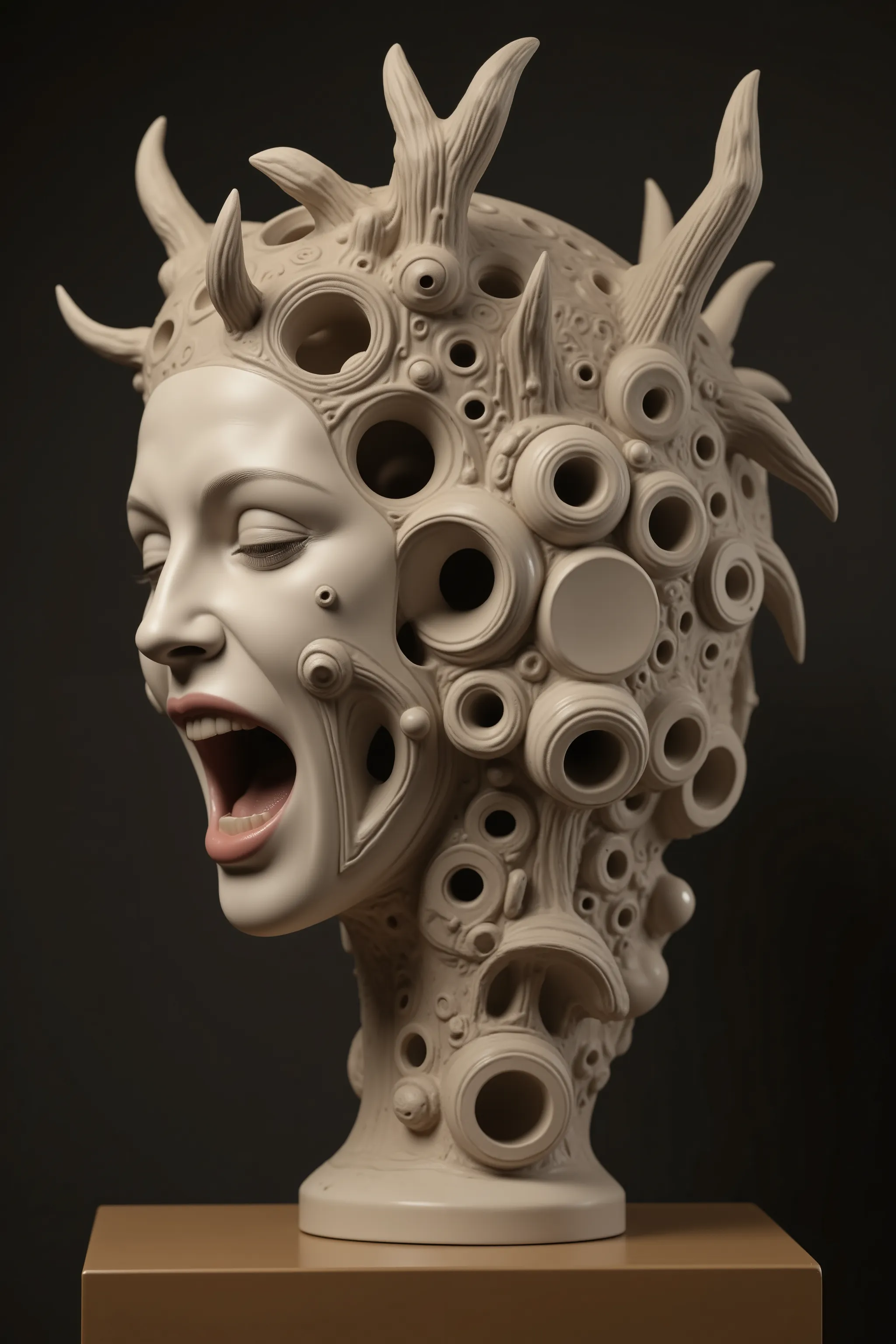 Enhance the image of this statue in 3D Rendering and pull out the facial features from the inside to the surface. Ultra-realistic,photo-realistic, ultra-detailed 4k,8k, highres, startling,experimental, avant-garde,iconic style,surreal elements, unsettling ...