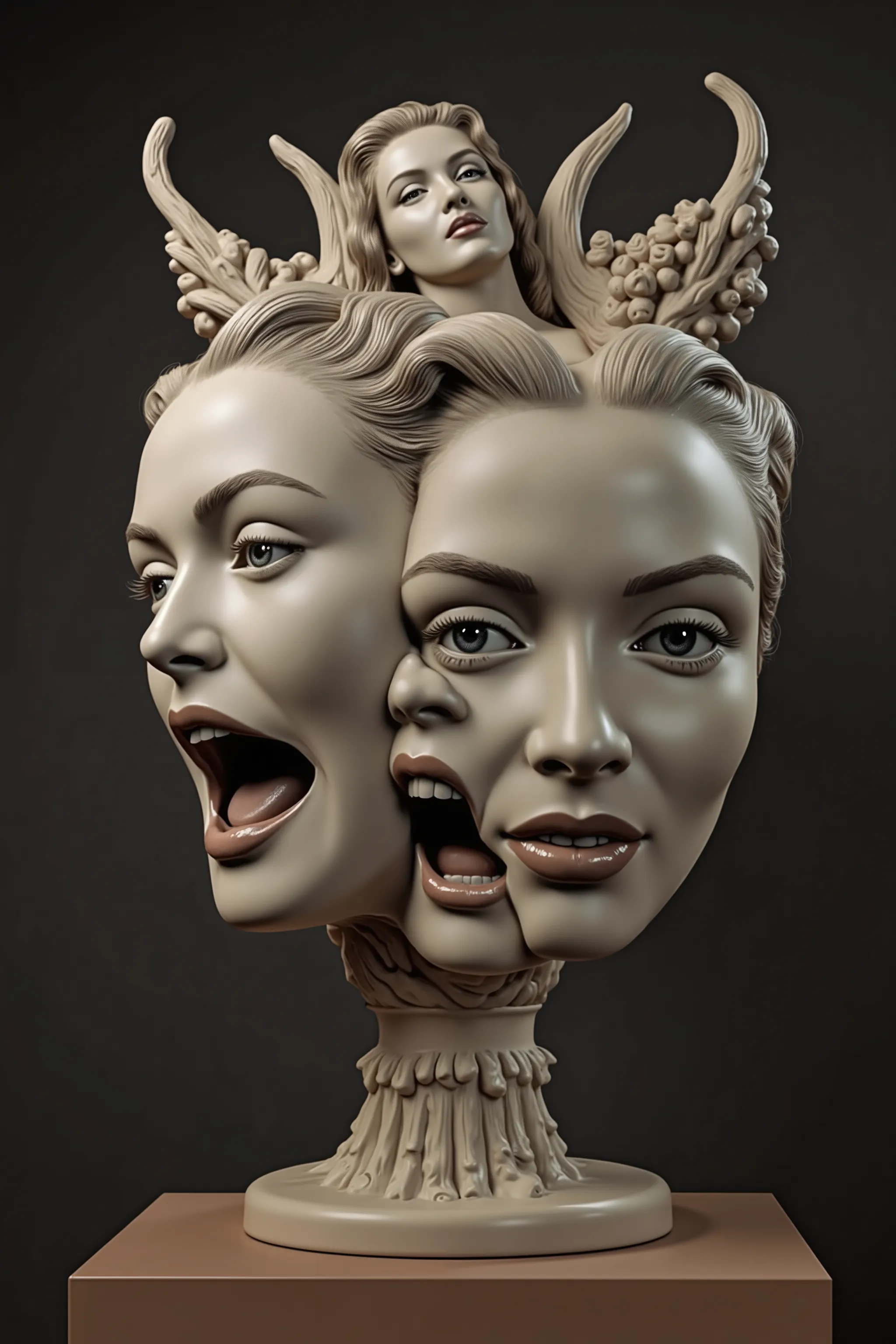 Create a 5 foot tall 3D statue that expresses all the sensuality of a woman into an abstract human shape made of marble with full female body parts and a  female face with full lips, big beautiful endearing eyes, long eyelashes, long hair, pale skin, love ...
