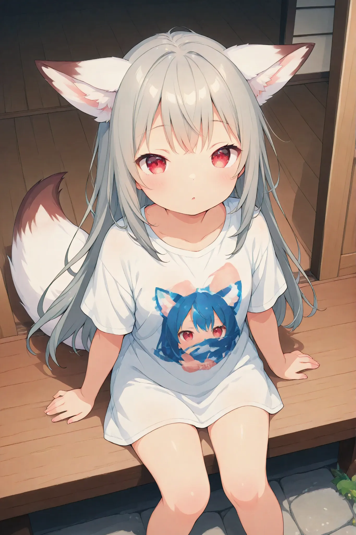 watercolor style、White fox girl 、grey hair、 smooth long hair 、fox ears、 fluffy fox tail 、Ruby Eyes、squint、cute、 droopy ears、Sit on the veranda of a private house、big shirt、dazed face、I look up、view from above