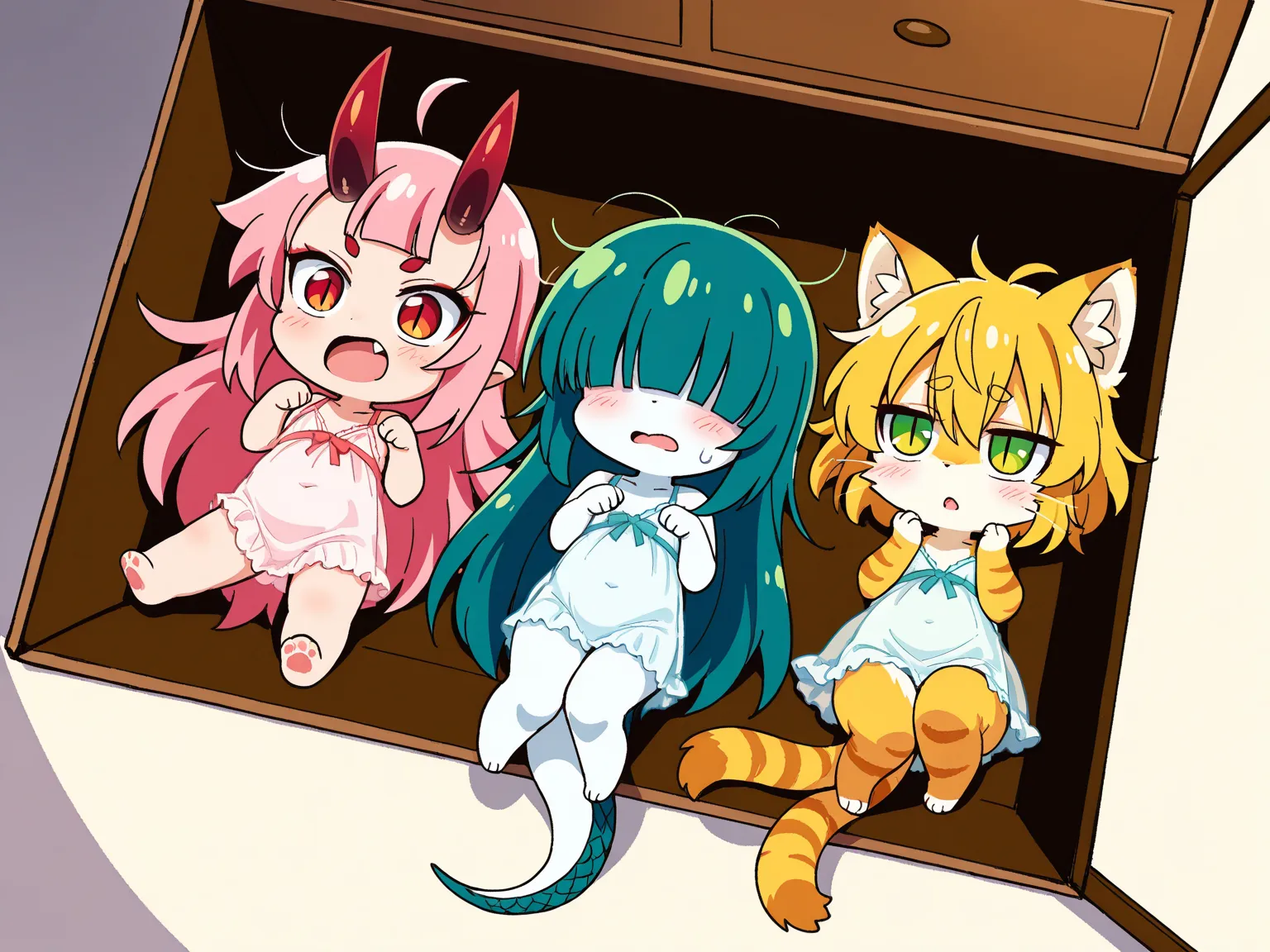 (masterpiece, best quality, 2d anime), source anime, anime, (full body), (3 girls, trio, lying, hands up, negligee, drawers),


BREAK, {1girl, cat girl, yellow hair, short hair, yellow brown fur, white stomach fur, 2 cat whiskers, slit pupils, red eyes, paw, flat chest, short stack:1.4},





BREAK, {1 girl, lizard girl, scale skin:1.2, light blue body scale, very white skin, glistening skin, green blue hair, long hair, messy hair, hair over eyes, slit pupils, drooping eyes:1.2, yellow eyes, flat chest, petite, fang:1.3, shy:1.2, tail, lizard foot:1.4},





BREAK, {1 girl, oni girl, horn on forehead, dark red horn, pink hair, very long hair, straight hair, blunt bangs, short eyebrows, thick eyebrows, green eyes, slanting eyes, big breast, short girl:1.1},
sheet, overhead view,