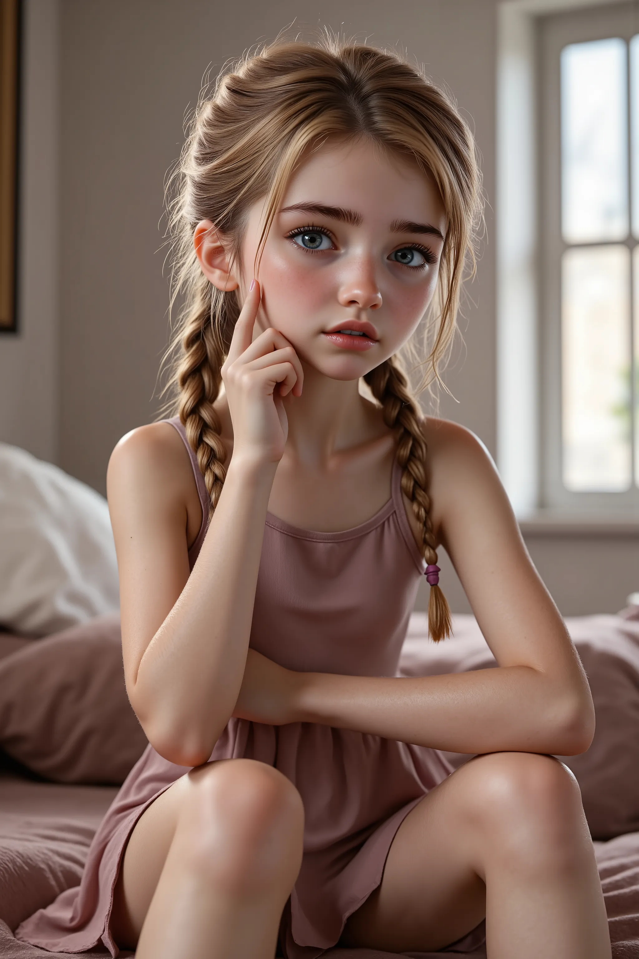 Cute blonde girl with highlights in her hair looking shy at you

