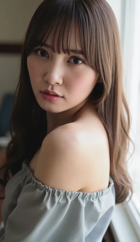 The high resolution photograph of a young Japanese female idol, solo, 1girl, wearing a off-shoulder dress, looking at the camera, straight long hair with blunt bangs, pale skin, detailed face, seductive eyes, indoors.