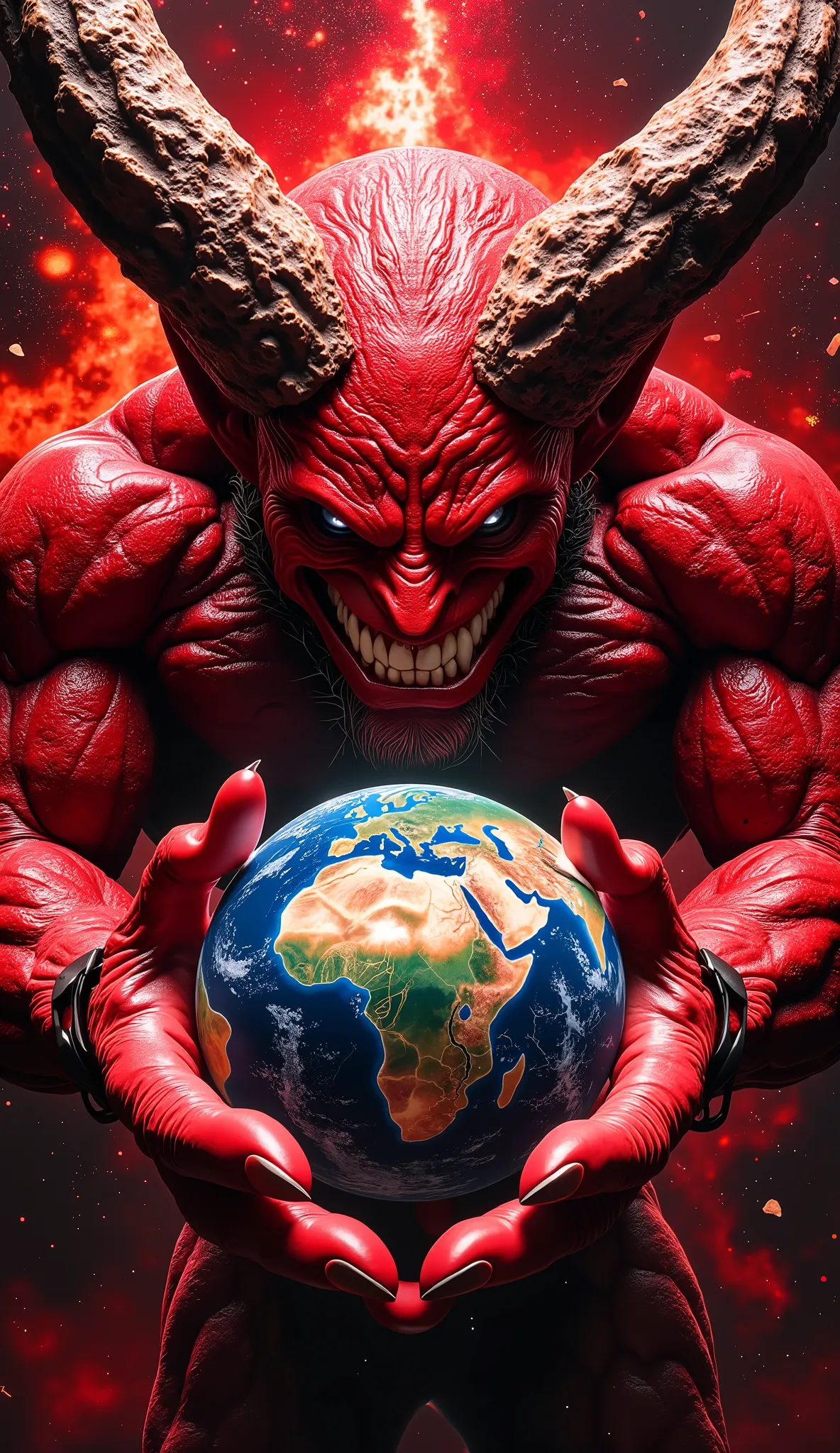 A hyper-realistic, high detail cinematic image of a massive red demon in space, seen from a low angle, holding the Earth with both clawed hands like a fragile toy. His muscular torso is slightly twisted, and his face leans downward with a wicked smile, rev...