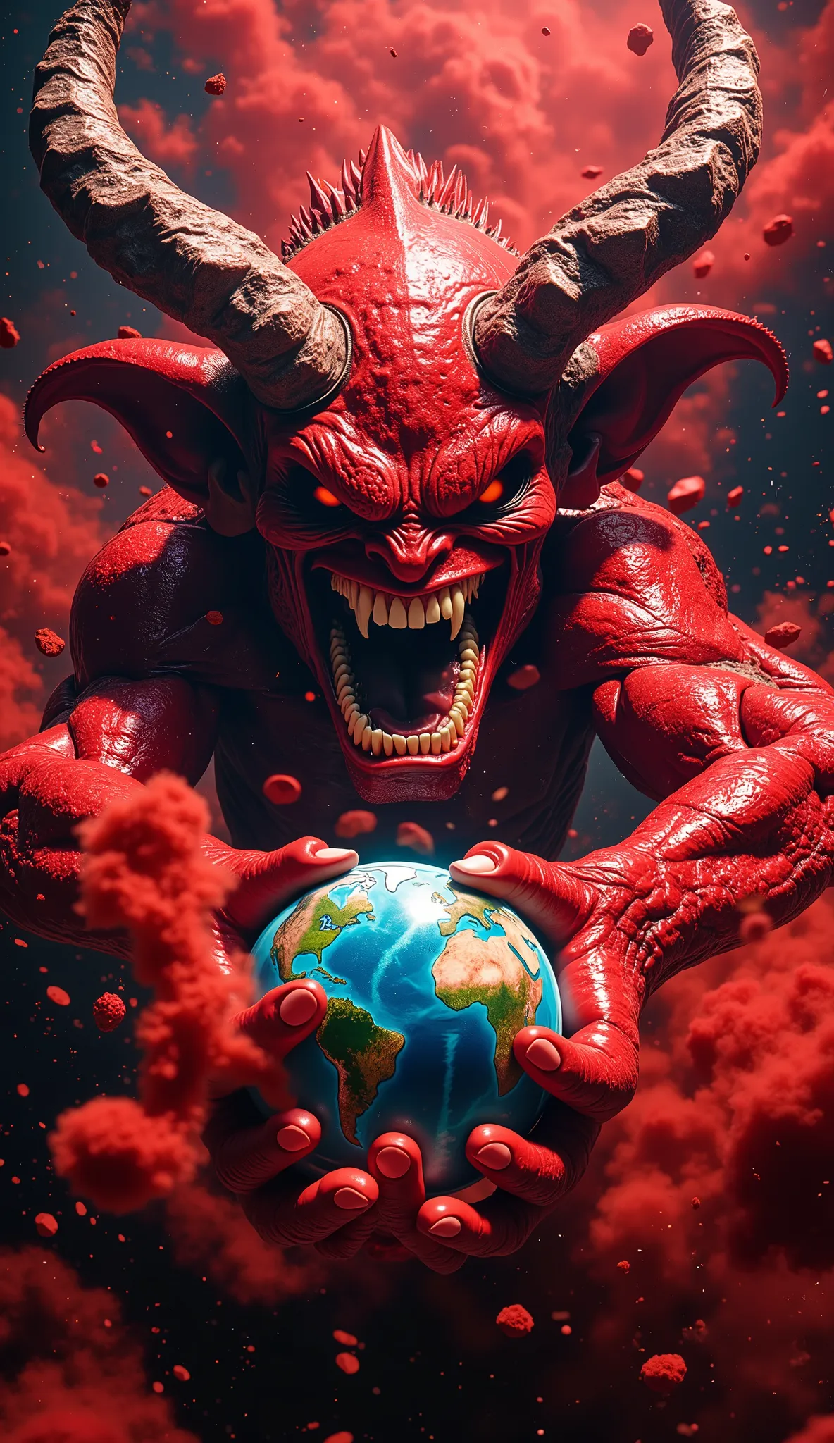 A hyper-realistic, high detail cinematic image of a massive red demon in space, seen from a low angle, holding the Earth with both clawed hands like a fragile toy. His muscular torso is slightly twisted, and his face leans downward with a wicked smile, rev...