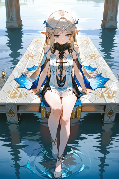 full body,long hair, Gold,((blue eyes,Jewel-like)), The center of the lake,water surface,sit with your knees bent, exercise sitting,sitting holding the knee,long ears,elf-like ears,Formal Wear,Elegant Atmosphere,beautiful girl, best quality,high quality,wa...