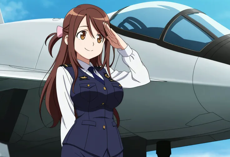 (ANIMATION COLORING,animated screen capture,OFFICIAL STYLE:1.1),solo,1 girl,smile,
Fighter,Air Force Base,outdoor,
that's good, brown hair, long hair, on the side of the sheet, hair bow, pink ribbon, brown eyes in the bedroom, big breasts, wide waist,matu...