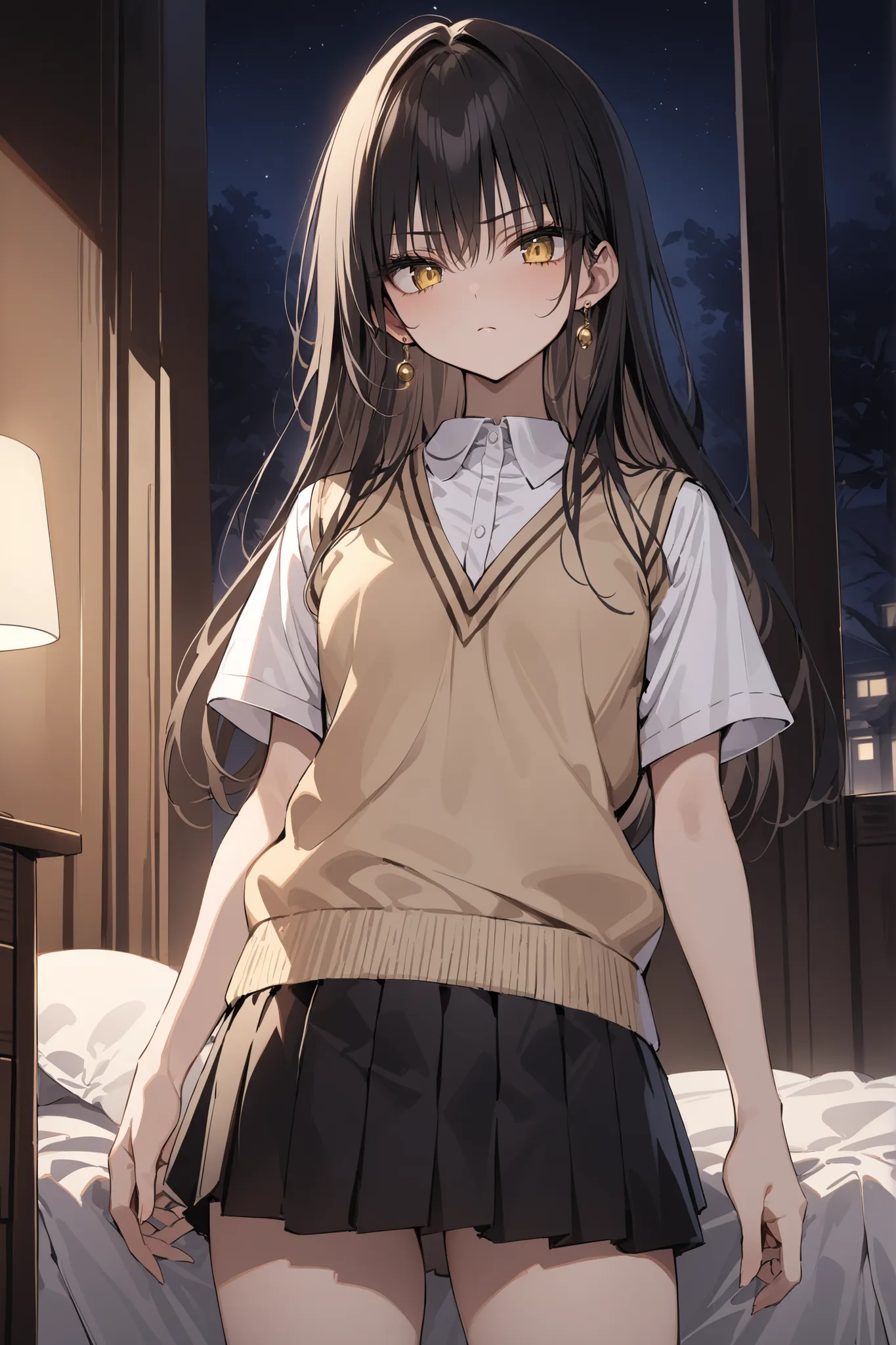 ((masterpiece,Highest Quality:1.2)),(soro),night,Slender, slender high school girl standing in her room,black long hair,Perfect yellow eyes, tree eyes ,serious expressionless,brown knit vest,white school short sleeve blouse,(Black Pleated Skirt),Gold Earri...