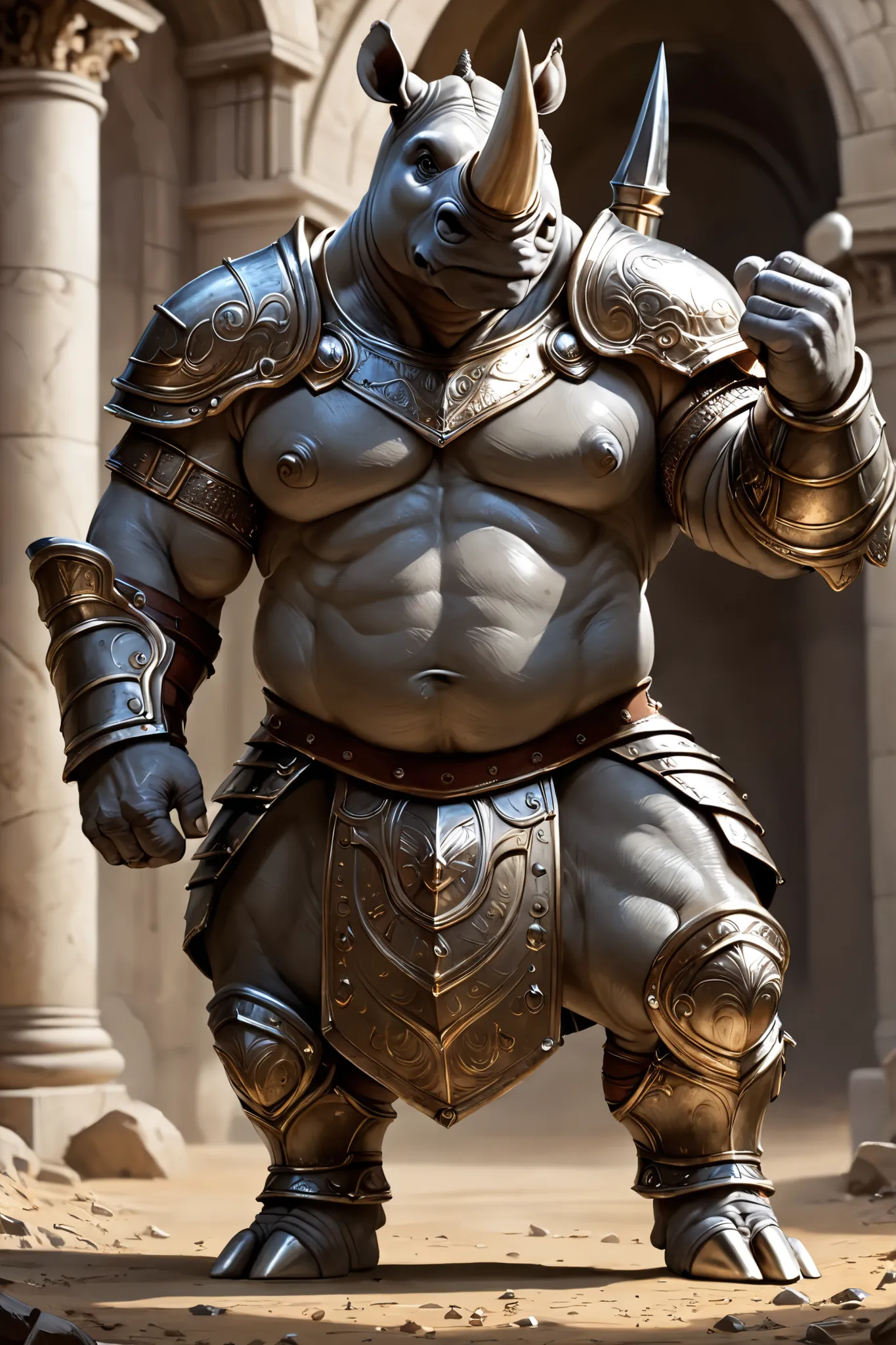 (intricate details, masterpiece, best quality, high resolution, 8k:1.5), realistic, accurate proportions, dynamic angle, rocky plain, solo, male, (male rhinoceros:1.5), gladiator armor, extremely muscular, gut, grey body, detailed body, Detailed face, one ...
