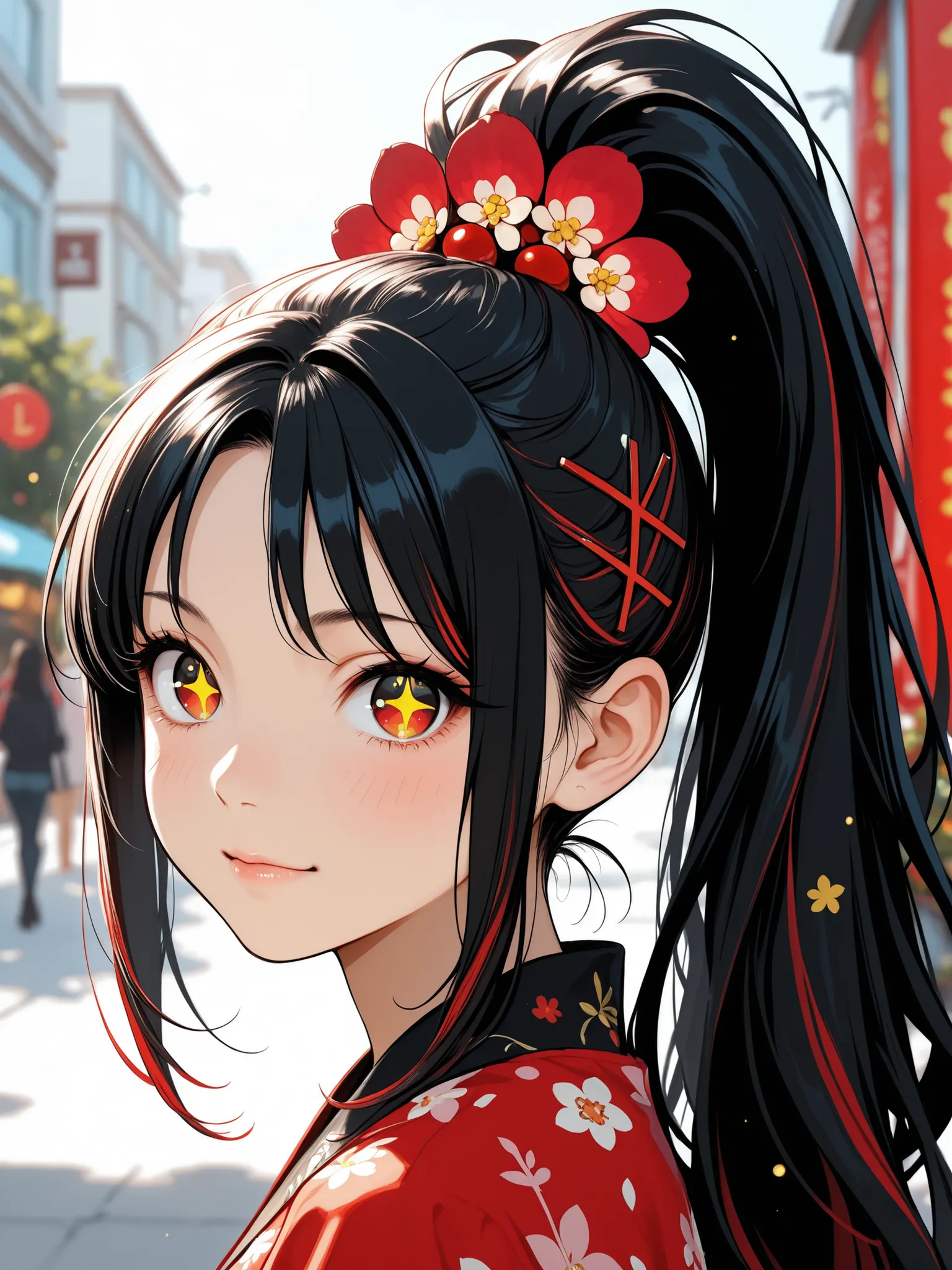 beni, yellow_pupils, +_+, black_hair, high_ponytail, red_flower_hair_ornament, masterpiece, best quality, ultra-detailed, illustration, solo, 1girl