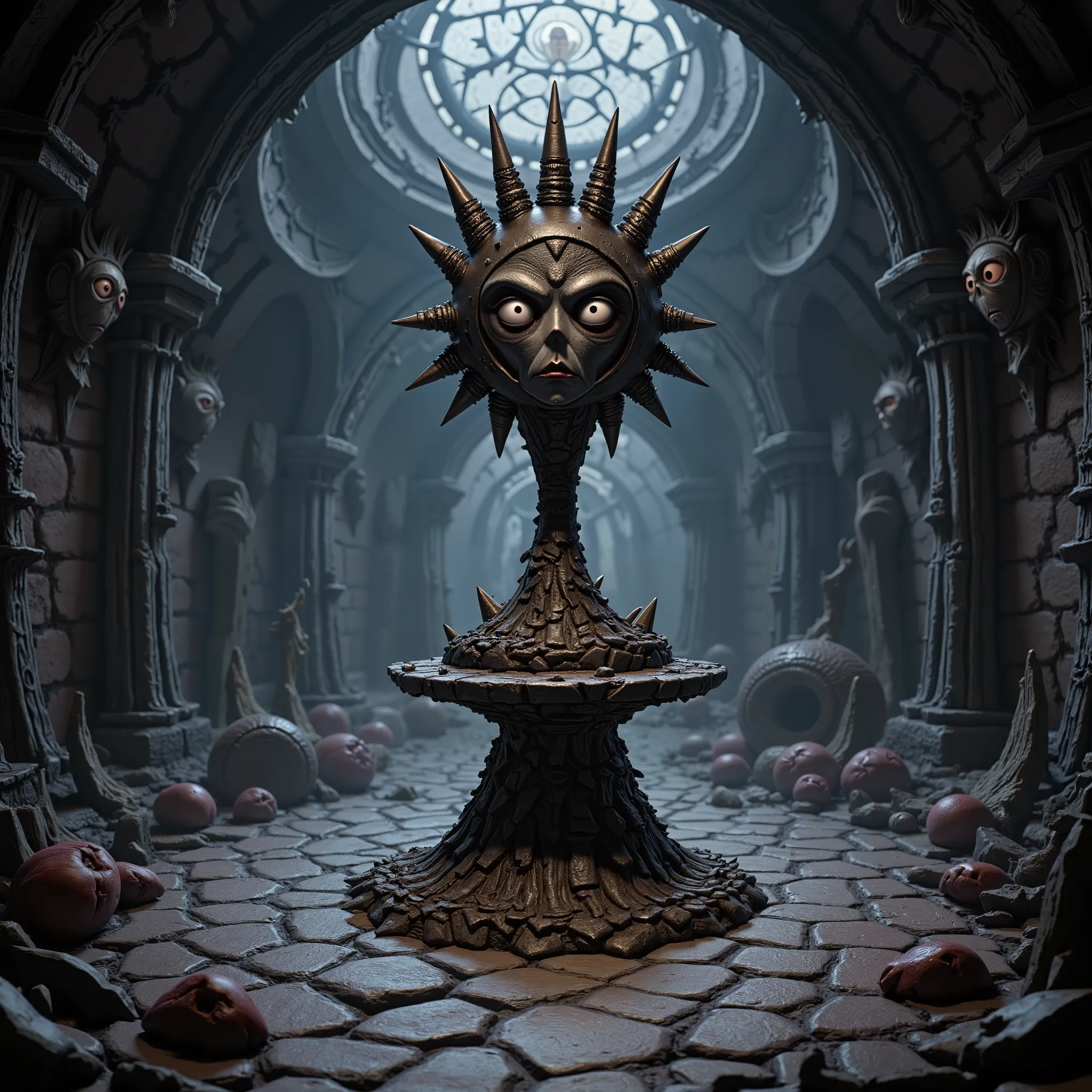 Medieval fantasy  , haute qualité 8k , Ultra HD , high definition illustration , masterpiece , Best quality , amazing quality ,  Burtonesque background style  , Large pedestal in the center of the dungeon with a large spiked gauntlet on the pedestal 
Text:...