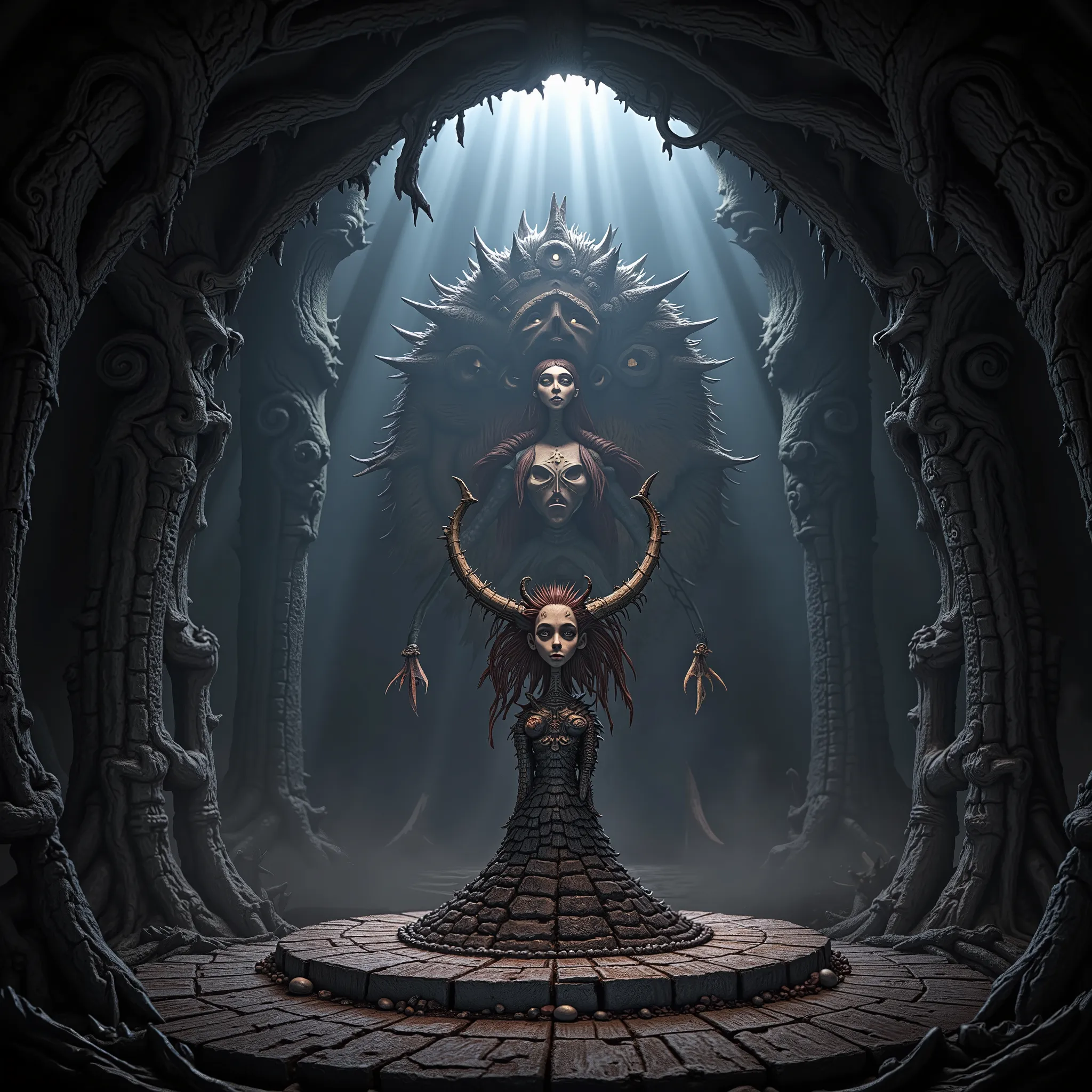 Medieval fantasy  , haute qualité 8k , Ultra HD , high definition illustration , masterpiece , Best quality , amazing quality ,  Burtonesque background style  , Large pedestal in the center of the dungeon with a large spiked gauntlet on the pedestal 
Text:...