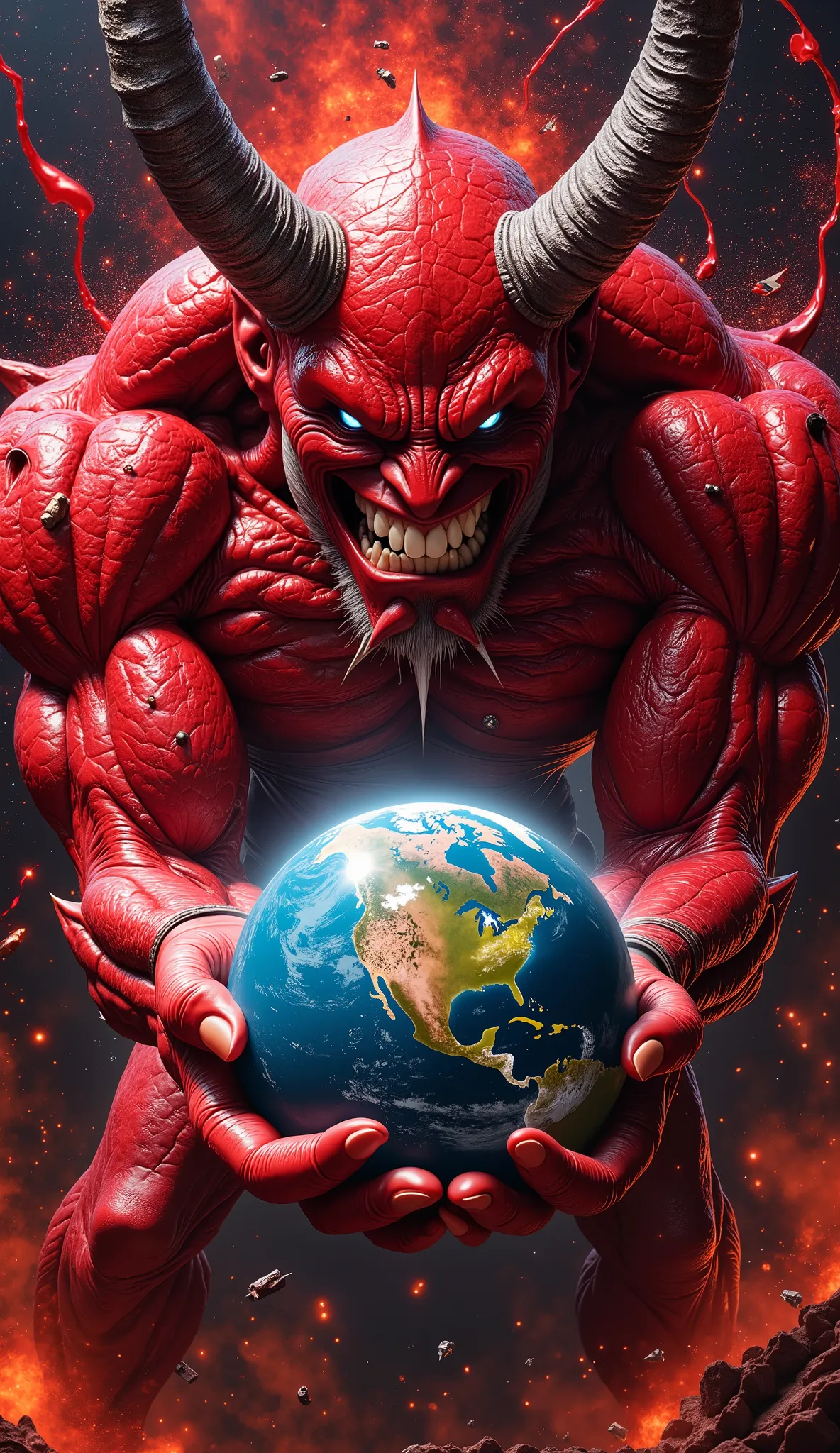 A hyper-realistic, high detail cinematic image of a massive red demon in space, seen from a low angle, holding the Earth with both clawed hands like a fragile toy. His muscular torso is slightly twisted, and his face leans downward with a wicked smile, rev...