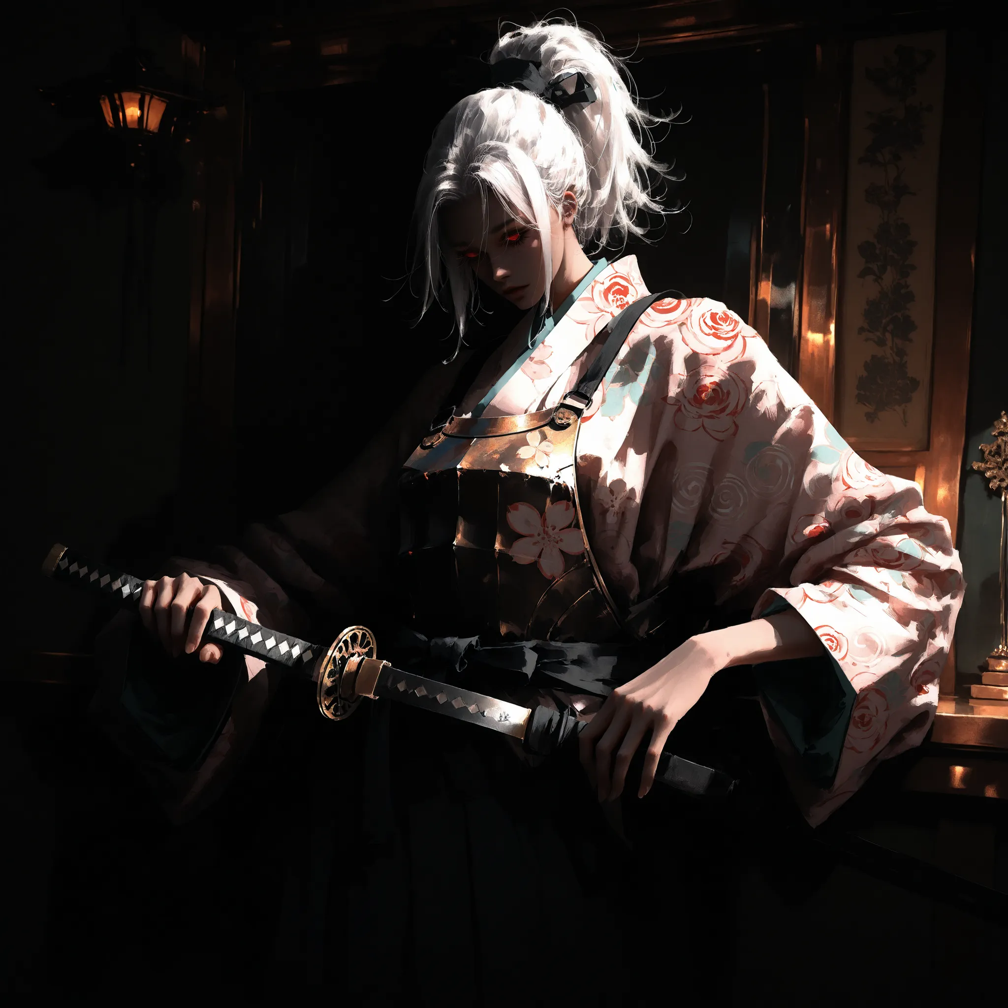 artist: wlop, masterpiece, best quality, illustration, a beautiful woman, white hair, ponytail, red irises with white engravings, detailed face, patterned japanese clothes with high waist, female wearing light armor over clothes, tall-looking, fantasy, jap...