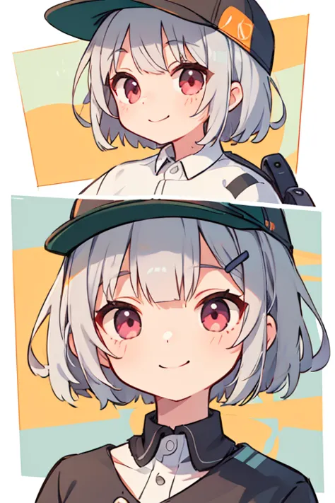  Silver Haired Short Bob,8k,masterpiece,best quality,HD,DETAILED,Single Portrait、girl、smile、impression、(Oil)、Green and orange tones、Short silver bob hair  with a hair clip、Pink Eyes,baseball cap, 