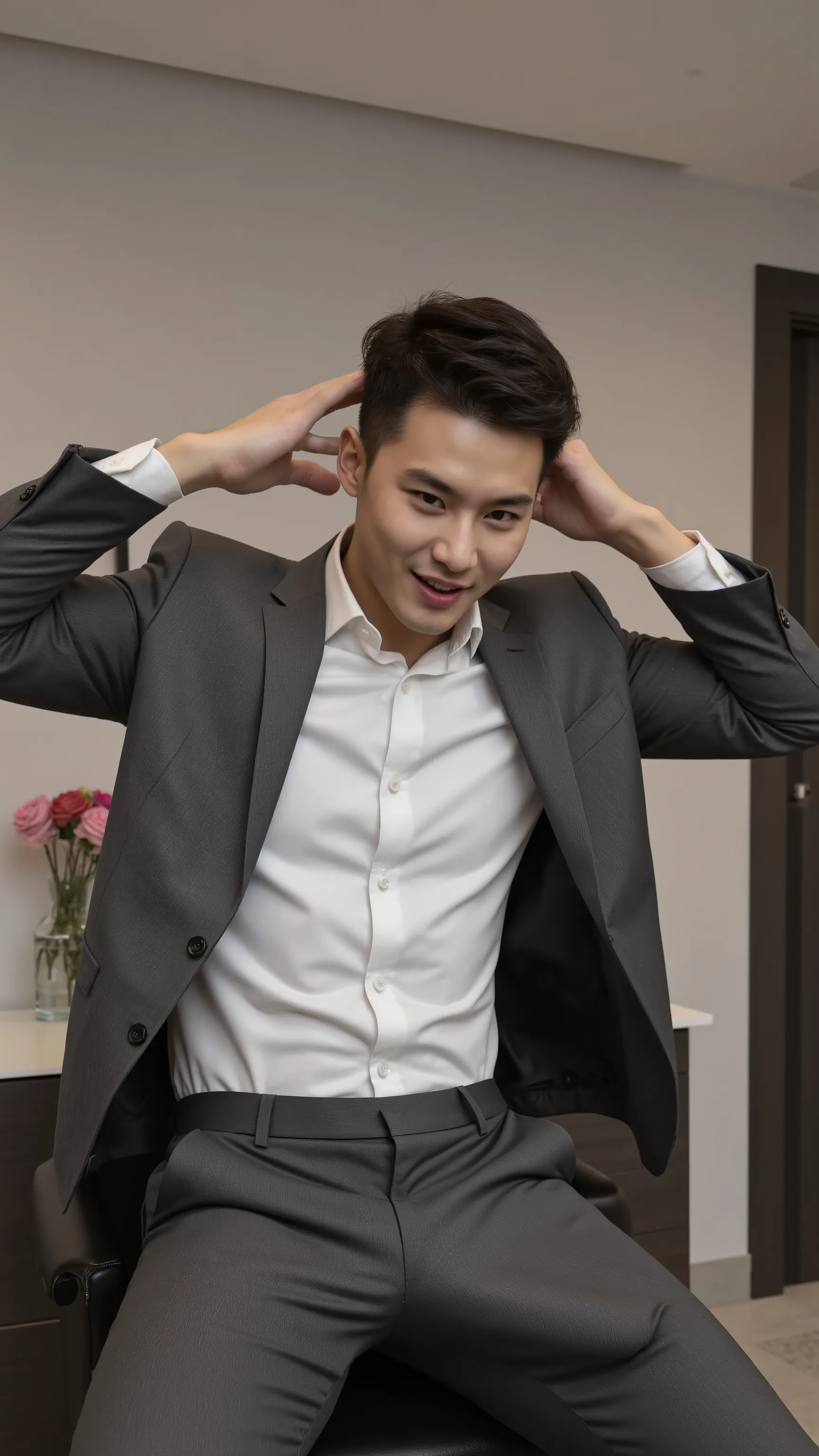 A highly photorealistic and erotic image of an incredibly handsome Asian businessman in a perfectly tailored grey office suit and a crisp white dress shirt, fully buttoned and sleek.  The man’s suit pants are unzipped, pulled halfway down his thighs and ma...