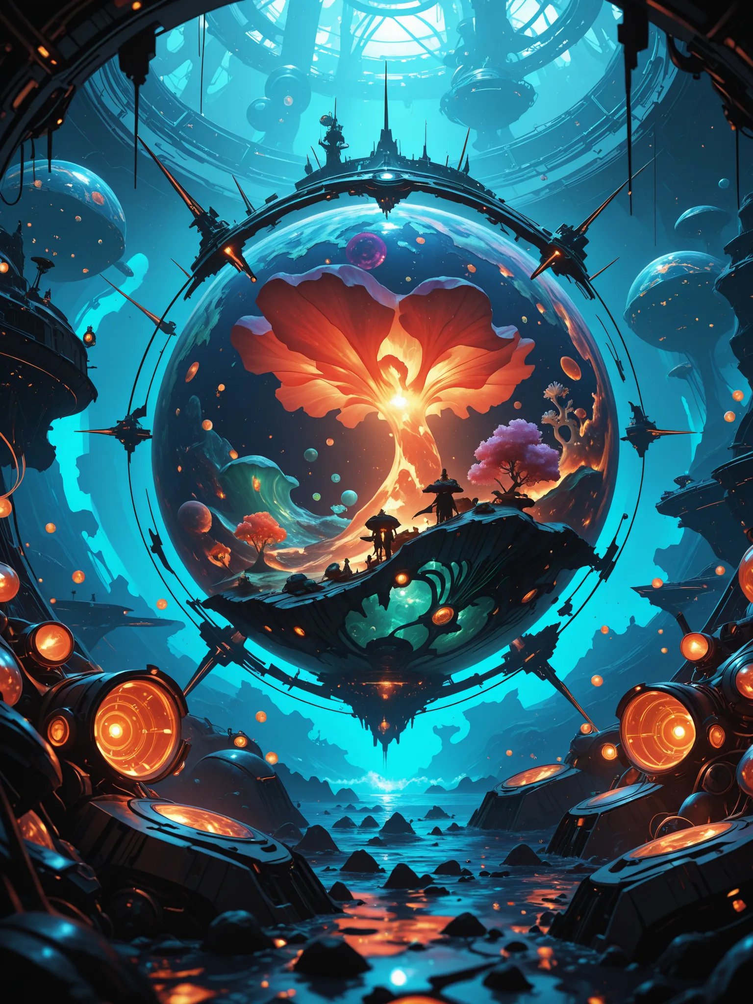 a painting of a beyond-dimensional fantasy world,a world of under the sea,Atlantis,science fiction,uplighting,studio Ghibli,unreal engine,epic composition,CG digital render,Ultra HD,technique highly detailed,triadic color scheme