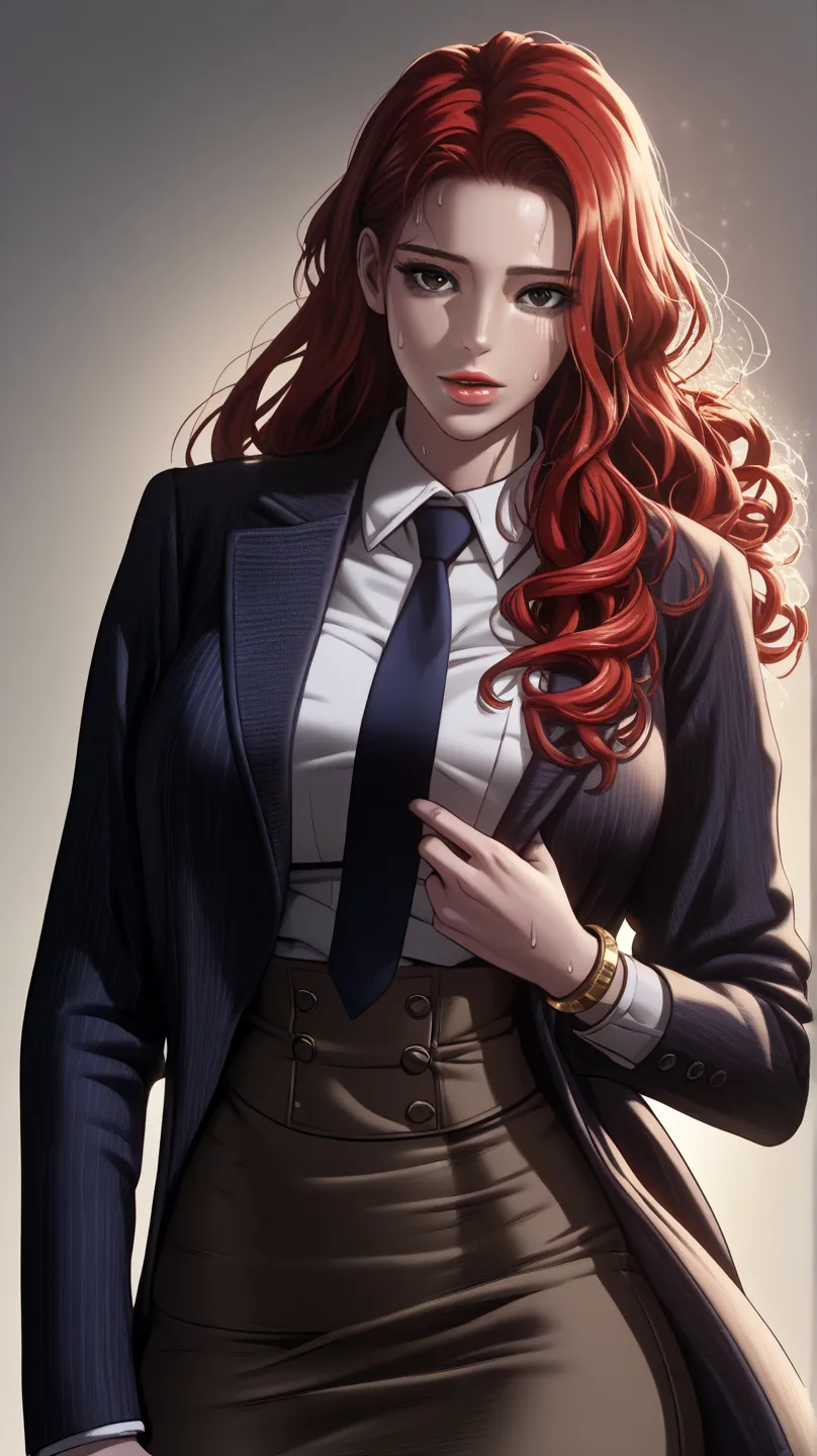 ((masterpiece)), best quality, very detailed, source_anime, anatomy_correct, detailed_finger, 
Score_9, Score_8_up, Score_7_up, Score_6_up, Score_5_up, Score_4_up, Source_anime, Tag1, Tag2, Quality_masterpiece, Anatomically correct, Beautiful face, Perfect face, Highly detailed beautiful face and eyes, Attractive face, Detailed face, Delicate facial features,  Detailed skin, , clear focus, perfect lighting, perfect contrast, anatomically correct, beautiful skin, detailed face and skin texture, detailed eyes, 8k, ultra high res, soft saturation, , soft lighting, simple background, nursery,clear focus, perfect lighting, perfect contrast, anatomically correct, beautiful skin, detailed face and skin texture, detailed eyes, 8k, ultra high res, soft saturation, adult}, {white skin}, {best quality},  {Highly detailed},  indian style, thick lips, {seductive smile}, {straight hair}, Huge breasts , ,  ,breast, sweating, red hair, dark_brown eyes, curly_long hair, loose hair,mature female ,  light skin , , 1girl, long_hair, solo, , red_hair,  looking_at_viewer, jewelry, , bracelet, sash, parted_lips, brown_eyes, arm_up, animal_print, sassy, sassy look, , a plain paper screen or wall, and perhaps a single sprig of flowers. This creates a sense of quiet elegance and focus.  ( skirt suit, (((three-piece suit))), necktie, blazer, (((suit jacket))), (((waistcoat))), double-breasted waistcoat, bodycon miniskirt, pencil skirt)
