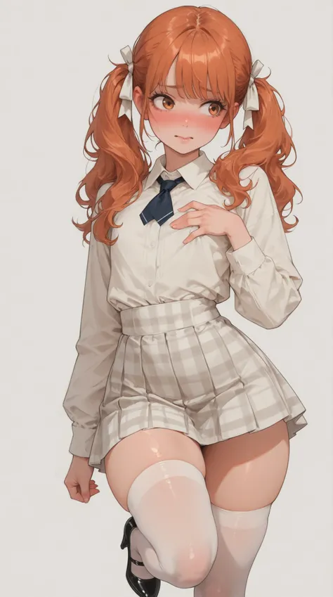 anime-style shy girl dressed as a student, wearing a tight-fitting short plaid mini skirt and a fitted white blouse with a collar and small tie, standing with her back slightly turned, hips pushed back to emphasize her butt, one leg bent softly, one hand g...