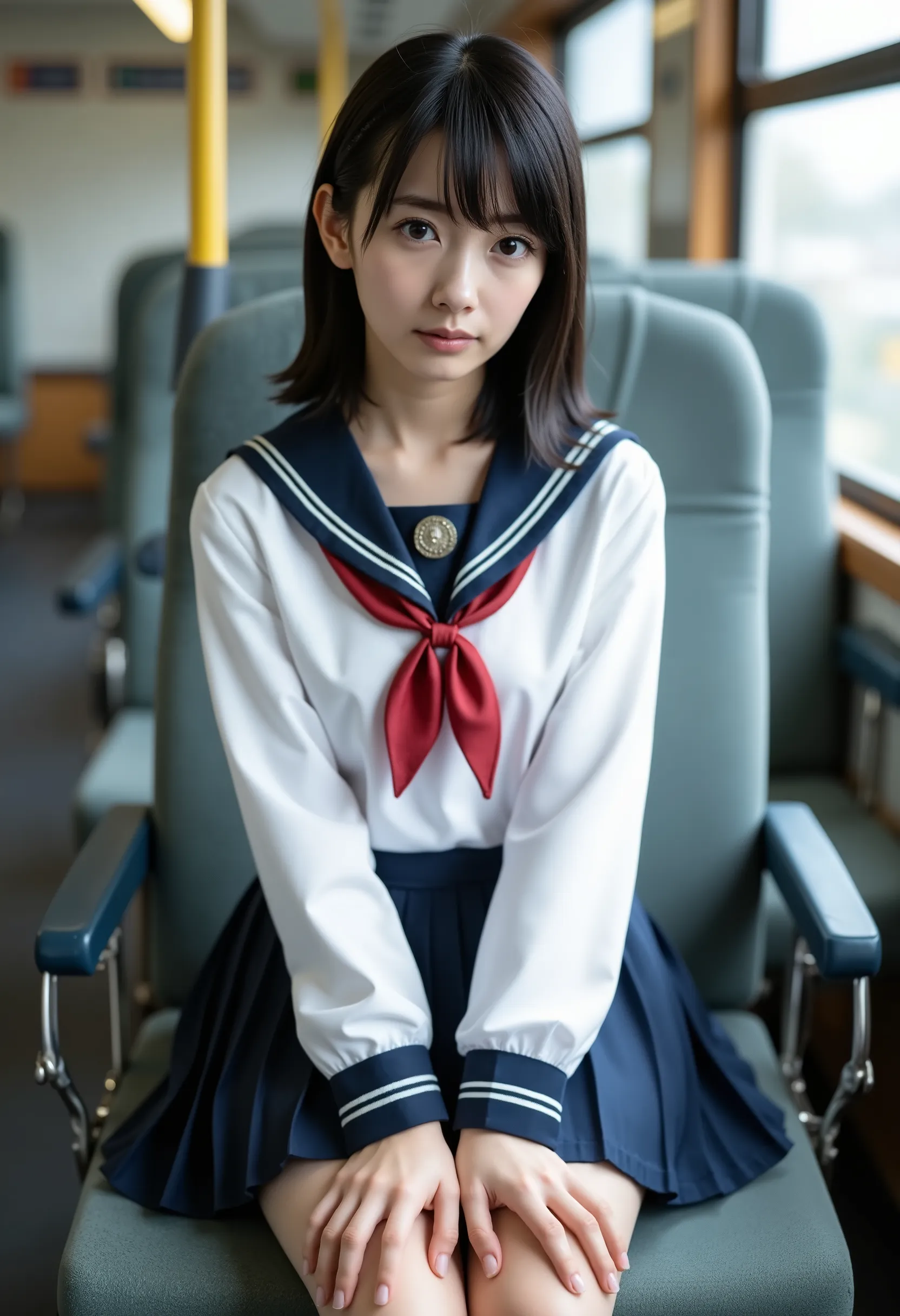 score_9,score_8_ up,score_7_ up, Ultra Details, absolute resolution, 32K,masterpiece, Highest Quality , Super High Definition, cowboy shot, beautiful Japanese girl, black hair, medium bob hair, (Short-sleeved sailor suit worn by Japanese high school girls:...