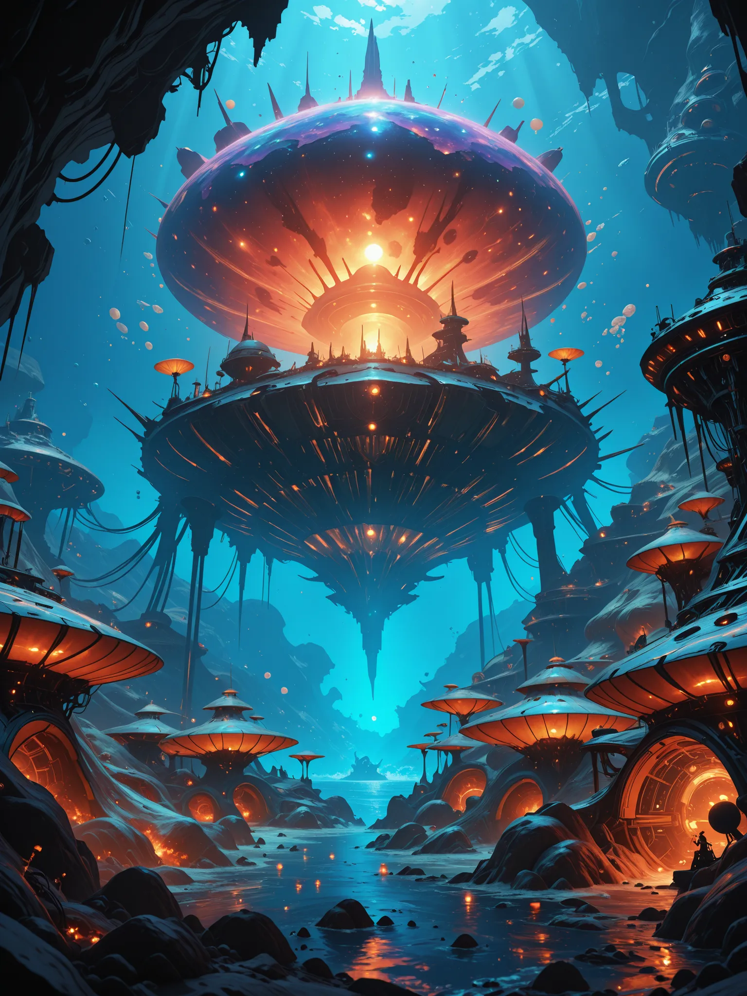 a painting of a beyond-dimensional fantasy world,a world of under the sea,Atlantis,science fiction,uplighting,studio Ghibli,unreal engine,epic composition,CG digital render,Ultra HD,technique highly detailed,triadic color scheme