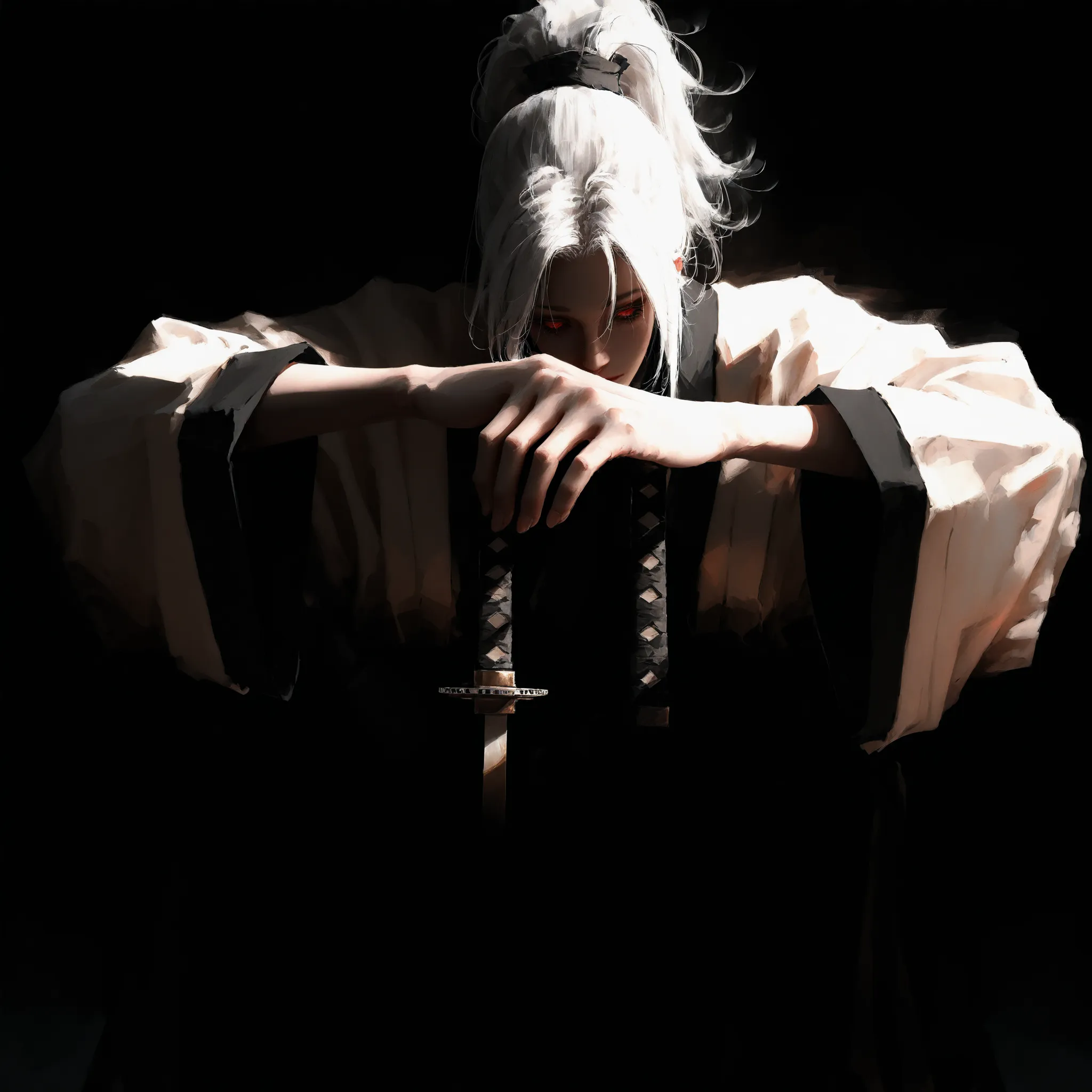 artist: wlop, masterpiece, best quality, illustration, a beautiful woman, white hair, ponytail, red irises with white engravings, detailed face, japanese clothes, female wearing japanese dojo style clothes with high waist bottoms, tall-looking, fantasy, ja...