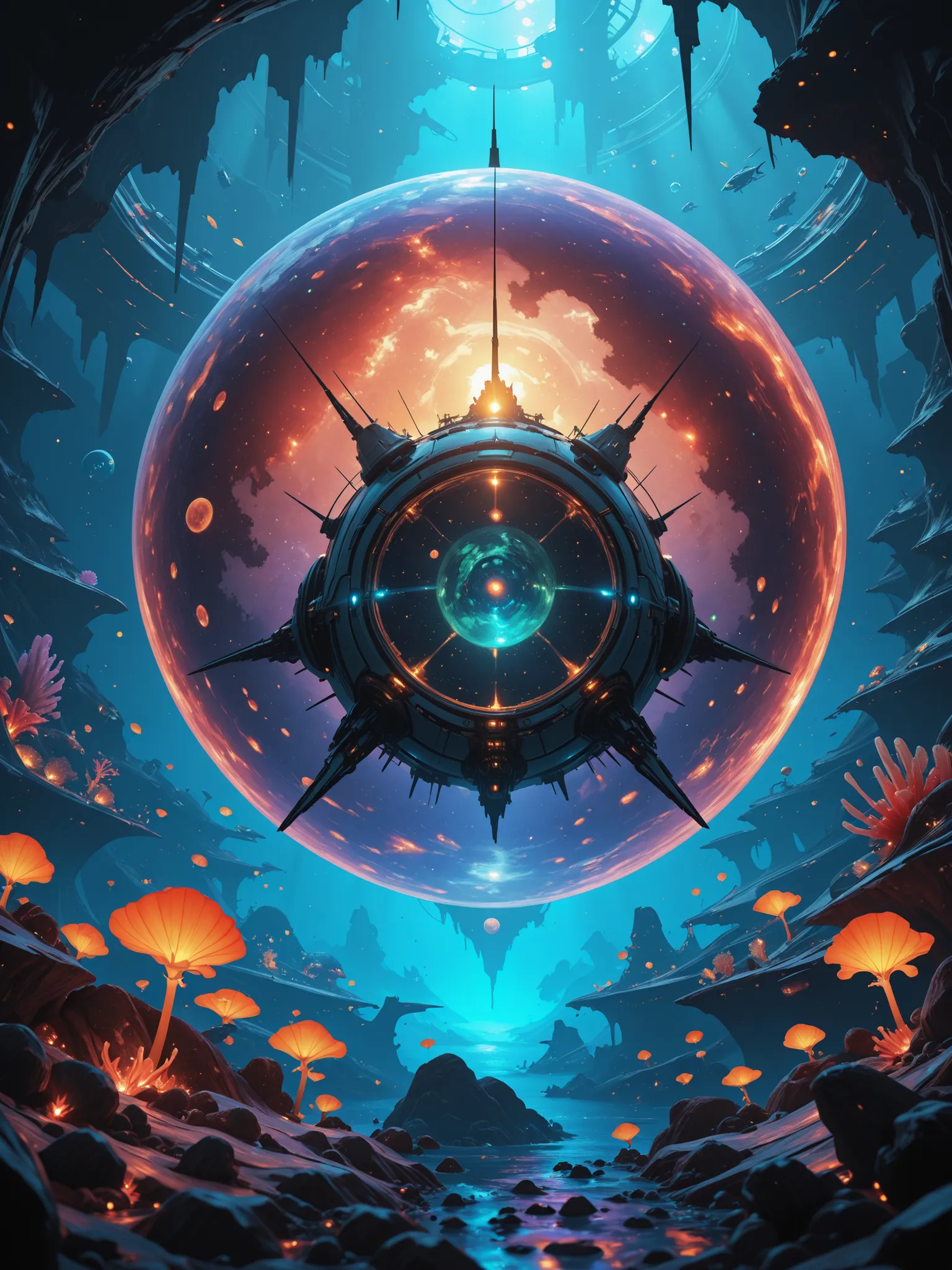 a painting of a beyond-dimensional fantasy world,a world of under the sea,Atlantis,science fiction,uplighting,studio Ghibli,unreal engine,epic composition,CG digital render,Ultra HD,technique highly detailed,triadic color scheme