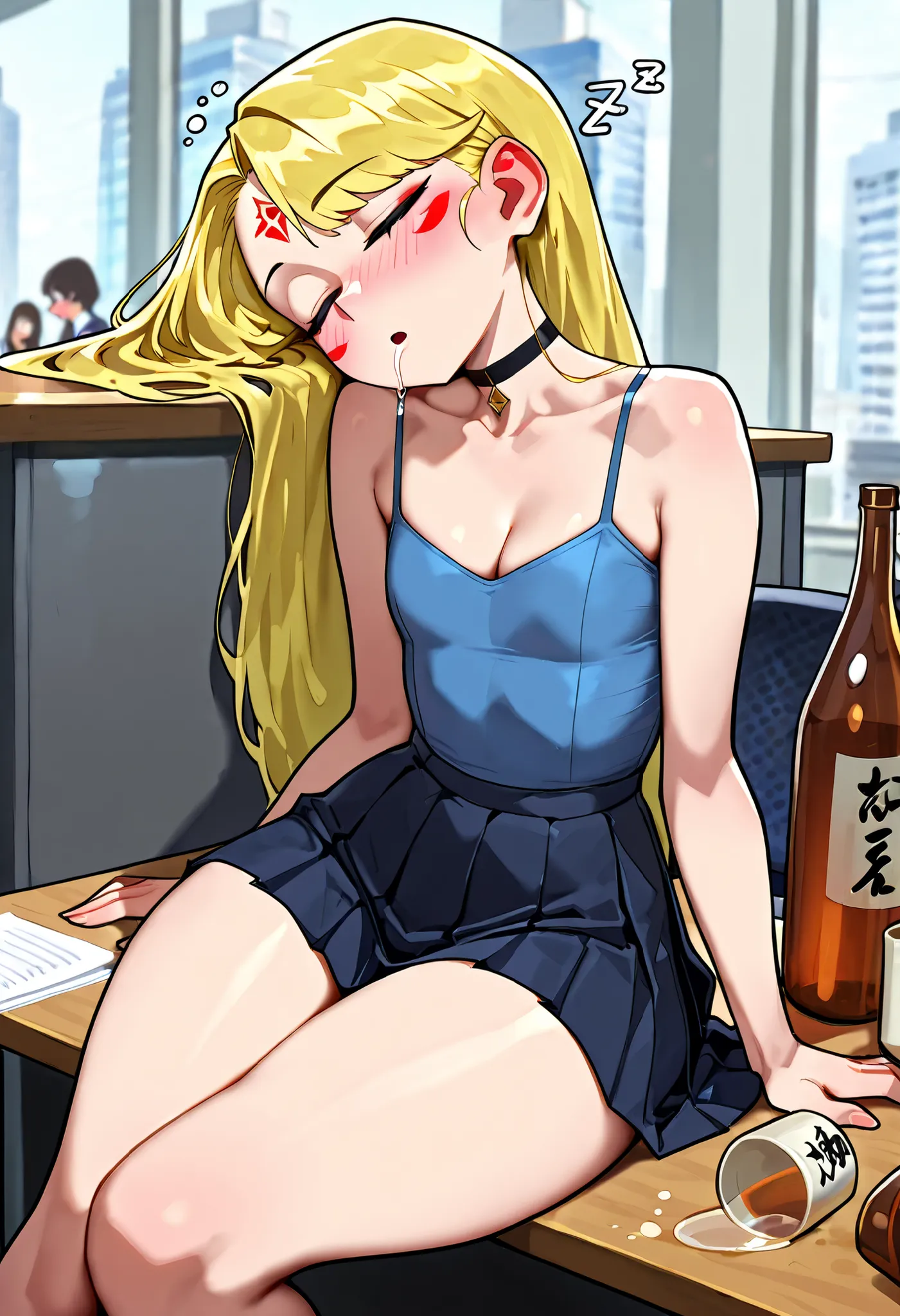  Pacifica Northwest,black eyes, flat breasts, flat chest, skinny, huge hips, long hair, blonde hair, choker , | Masterpiece, Best Quality, Naruhostyle, breast, ample breasts, forehead mark, facial mark, collarbone, dynamic angle, cleavage, blush, collarbon...