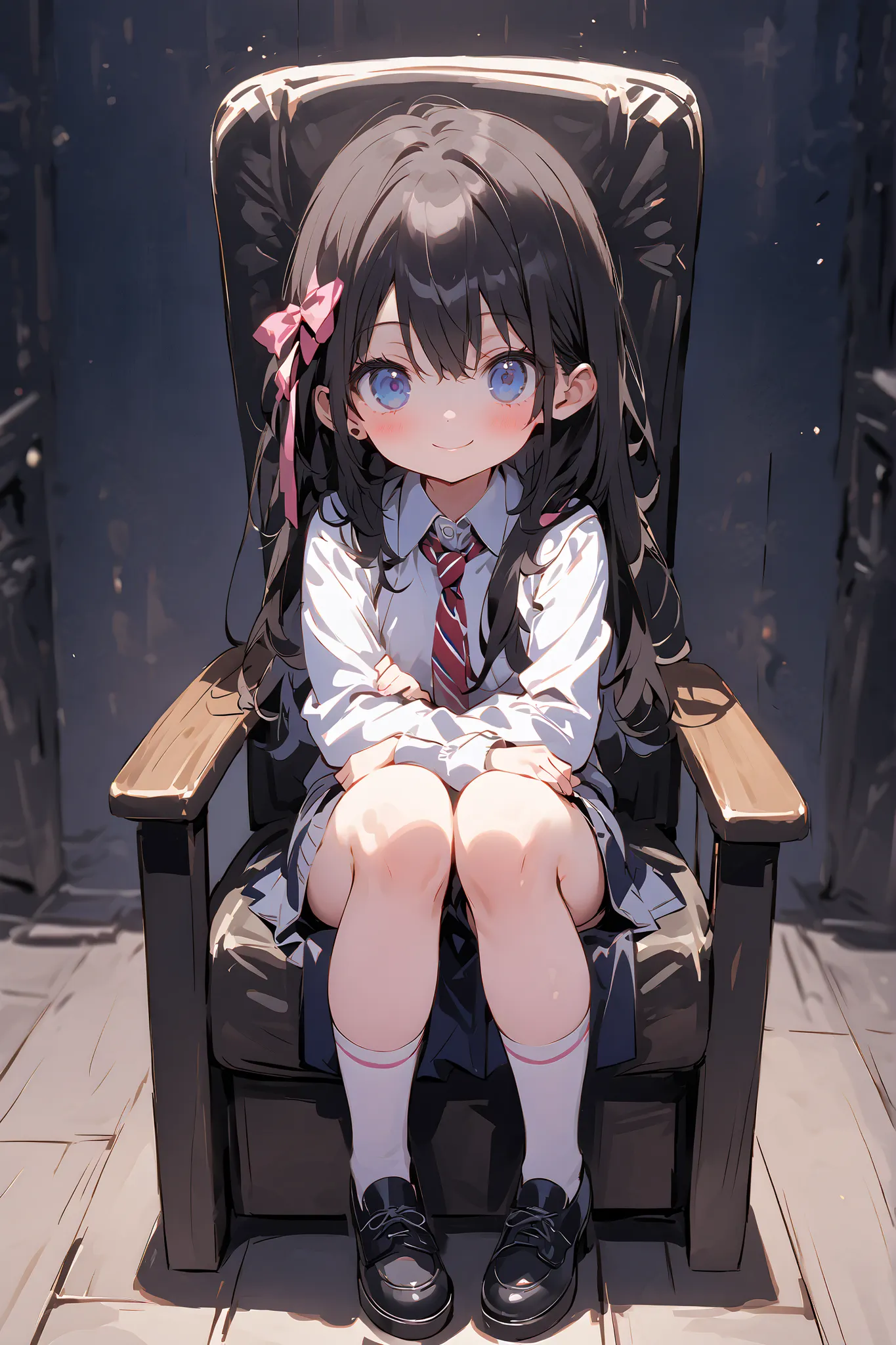 one girl、movie theater、 night view、uniform、black hair、long hair、ribbon on head、(elementary school student)、ren、smile、full body image、face up with ties、sit on a chair