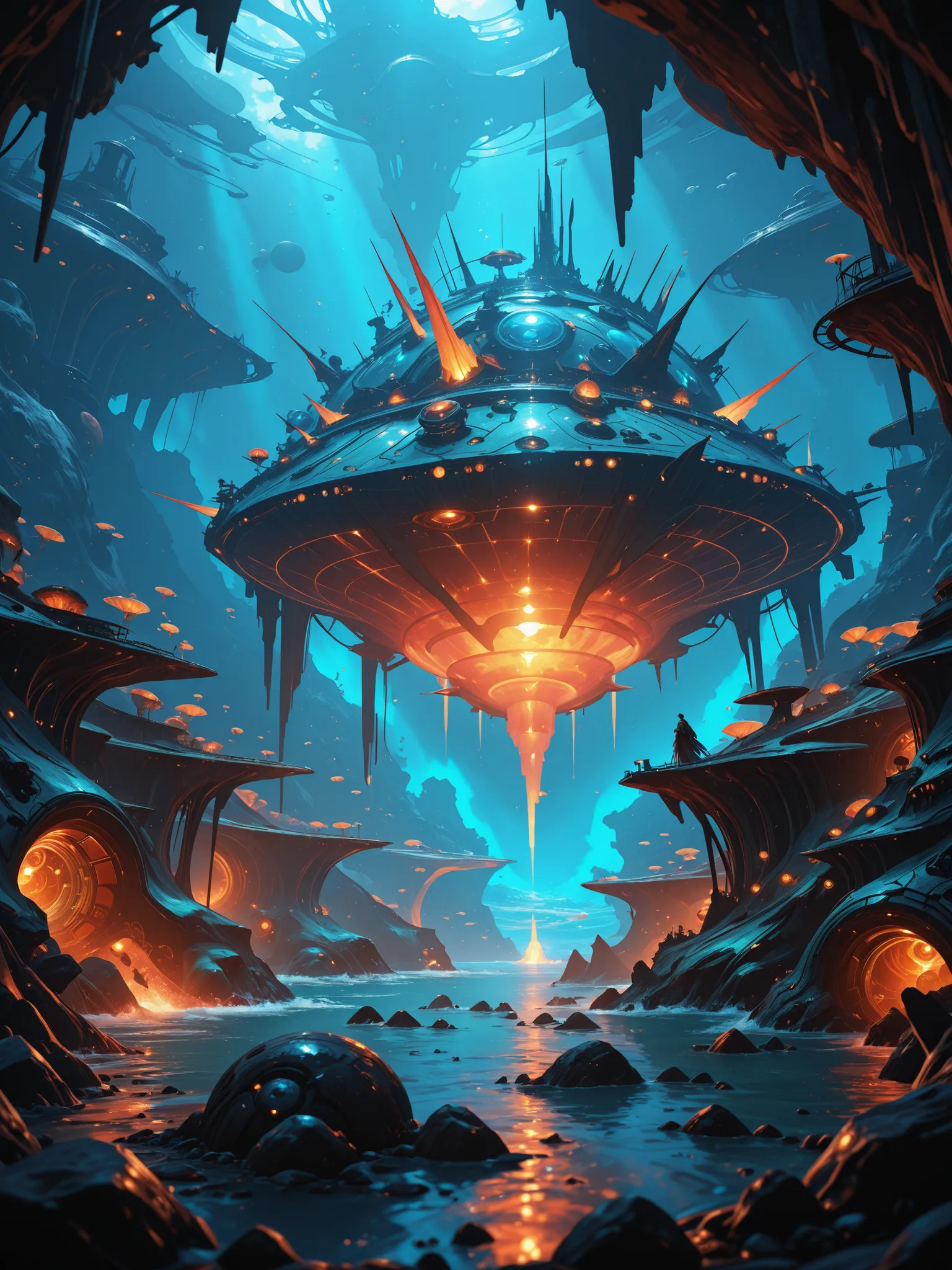 a painting of a beyond-dimensional fantasy world,a world of under the sea,Atlantis,science fiction,uplighting,studio Ghibli,unreal engine,epic composition,CG digital render,Ultra HD,technique highly detailed,triadic color scheme
