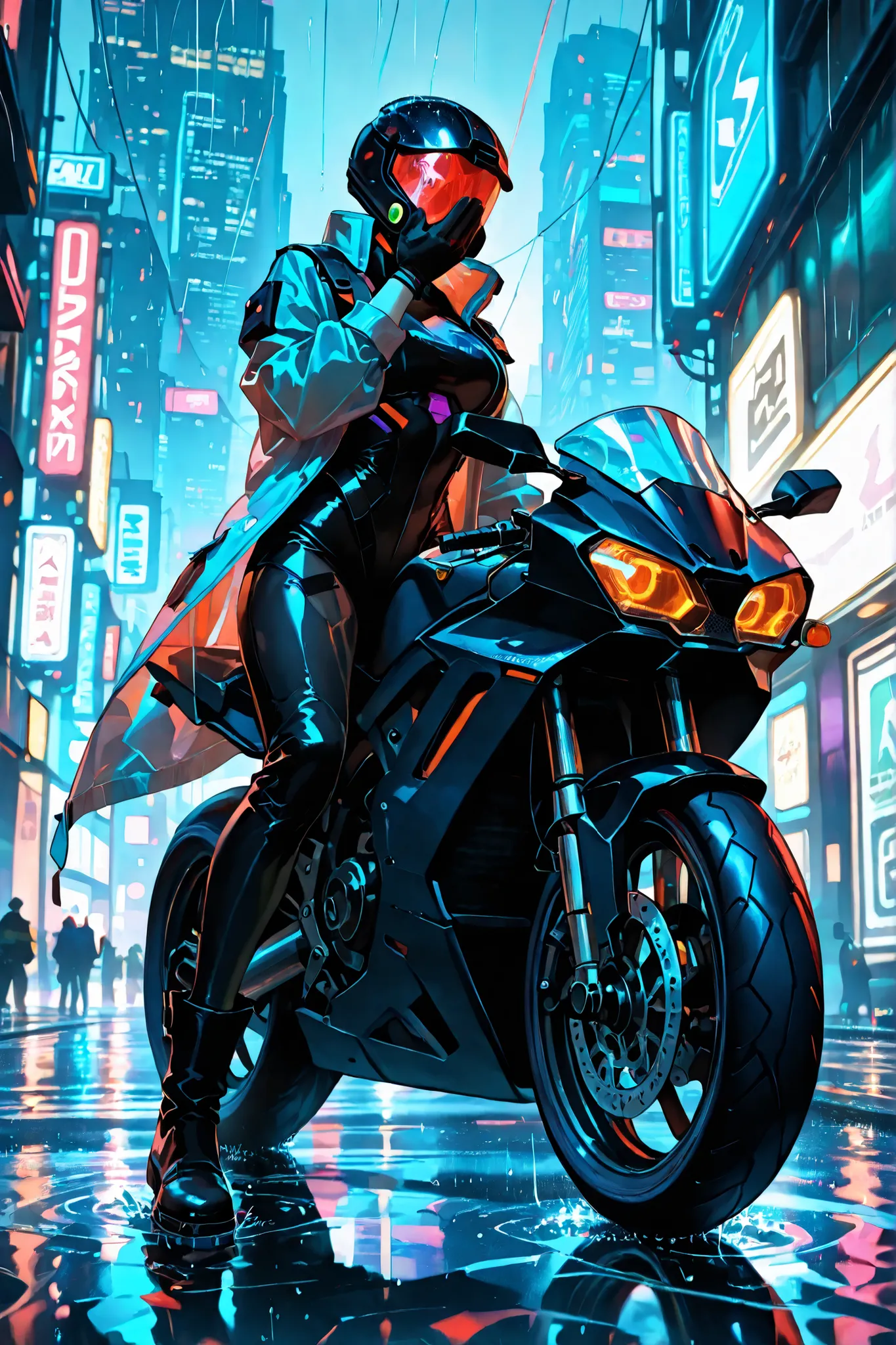 (SuperQuality:1.0) ~ (SuperQuality:1.2), detailxl, 1girl, Solo, High Resolution, Best Quality, High Details, Super Detailed, Cyberpunk City, Neon, Large Breast, LED helmet, Wearing LED helmet, covering face with LED helmet, black bodysuit, see through body...